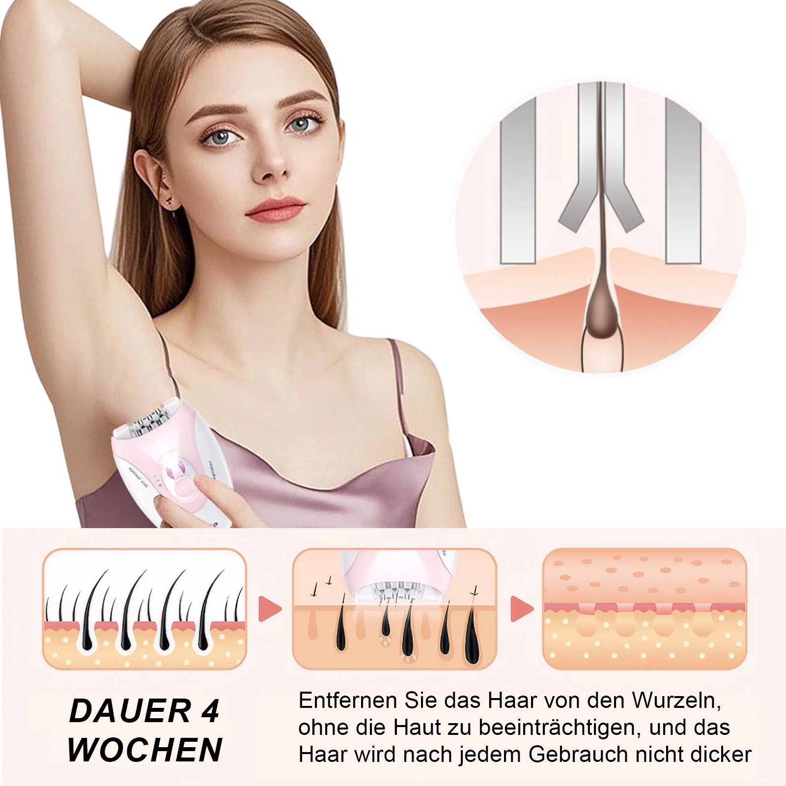 Frau benutzt einen rosa Epilierer unter dem Arm, mit Diagrammen, die die Vorteile und den Prozess der Haarentfernung veranschaulichen.