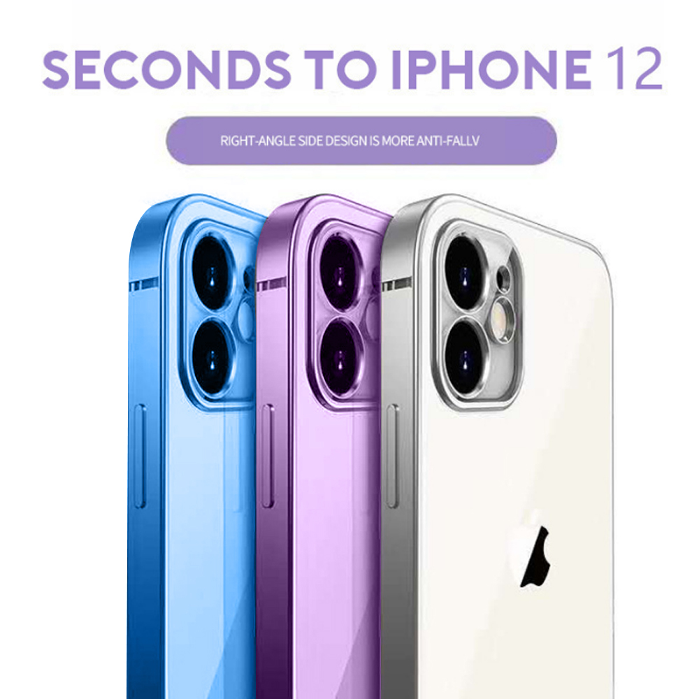 Drei iPhone 12-Hüllen in Blau, Lila und Weiß, die ihr Anti-Fall-Design und ihre lebendigen Farben hervorheben.