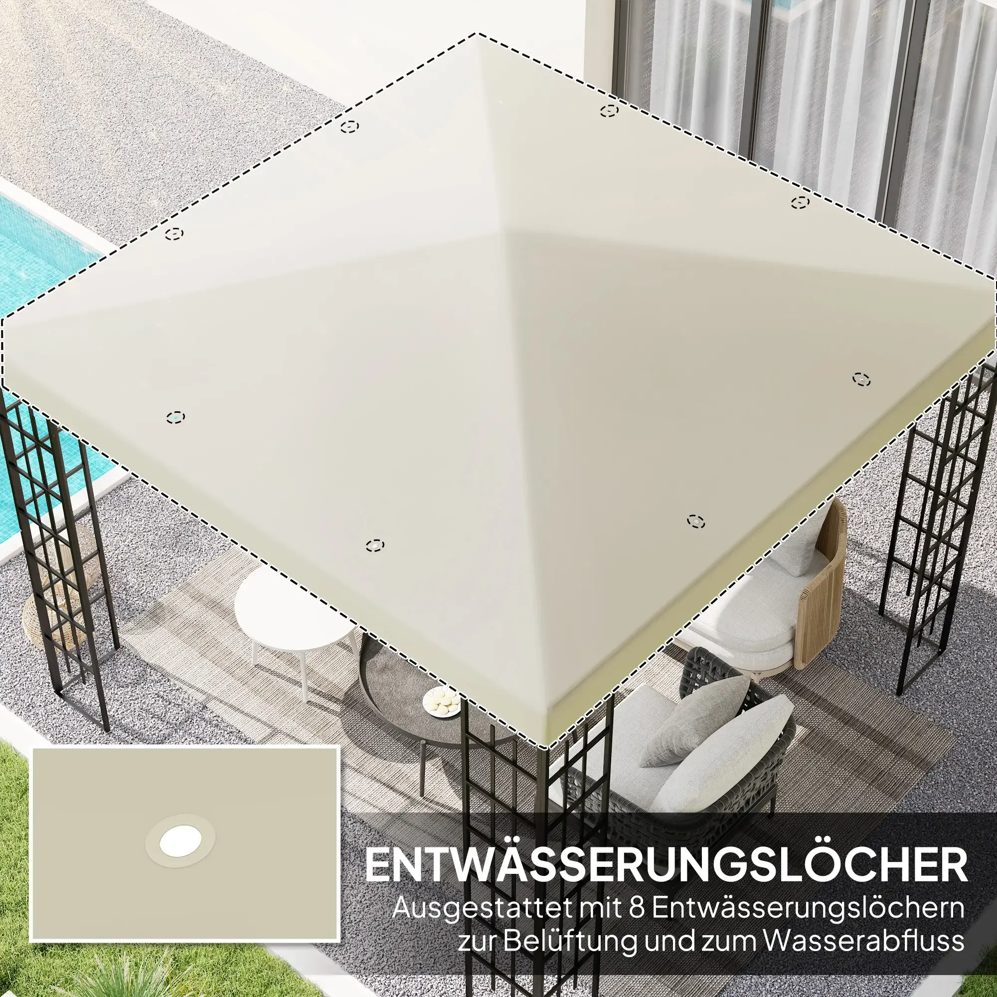 Beige Verdeckoberseite mit Entwässerungslöchern, über Gartenmöbeln, mit einem im Hintergrund sichtbaren Pool.