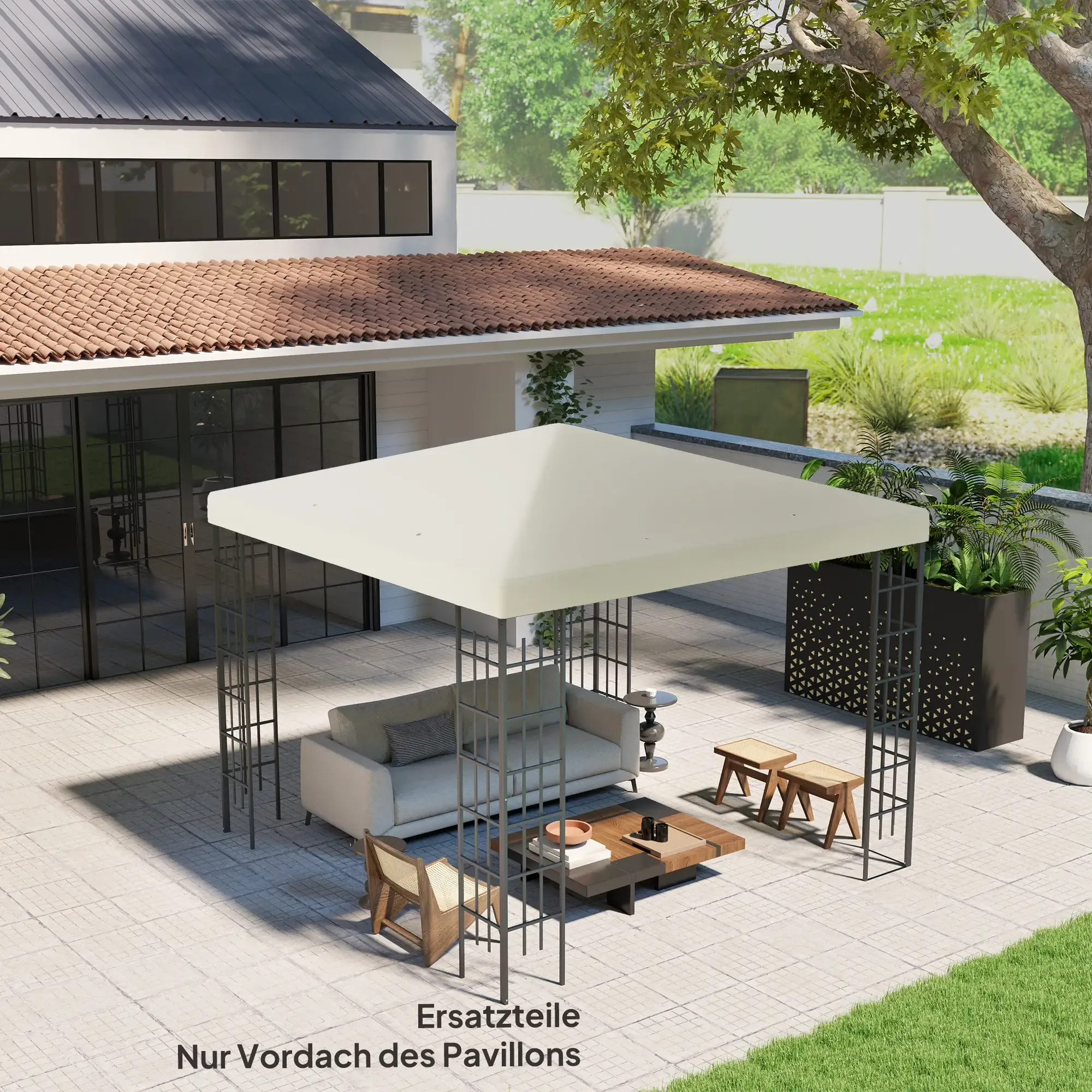 Szene mit Pavillon, Sofa, Couchtisch und Stühlen. Haus im Hintergrund, Gras im Vordergrund.