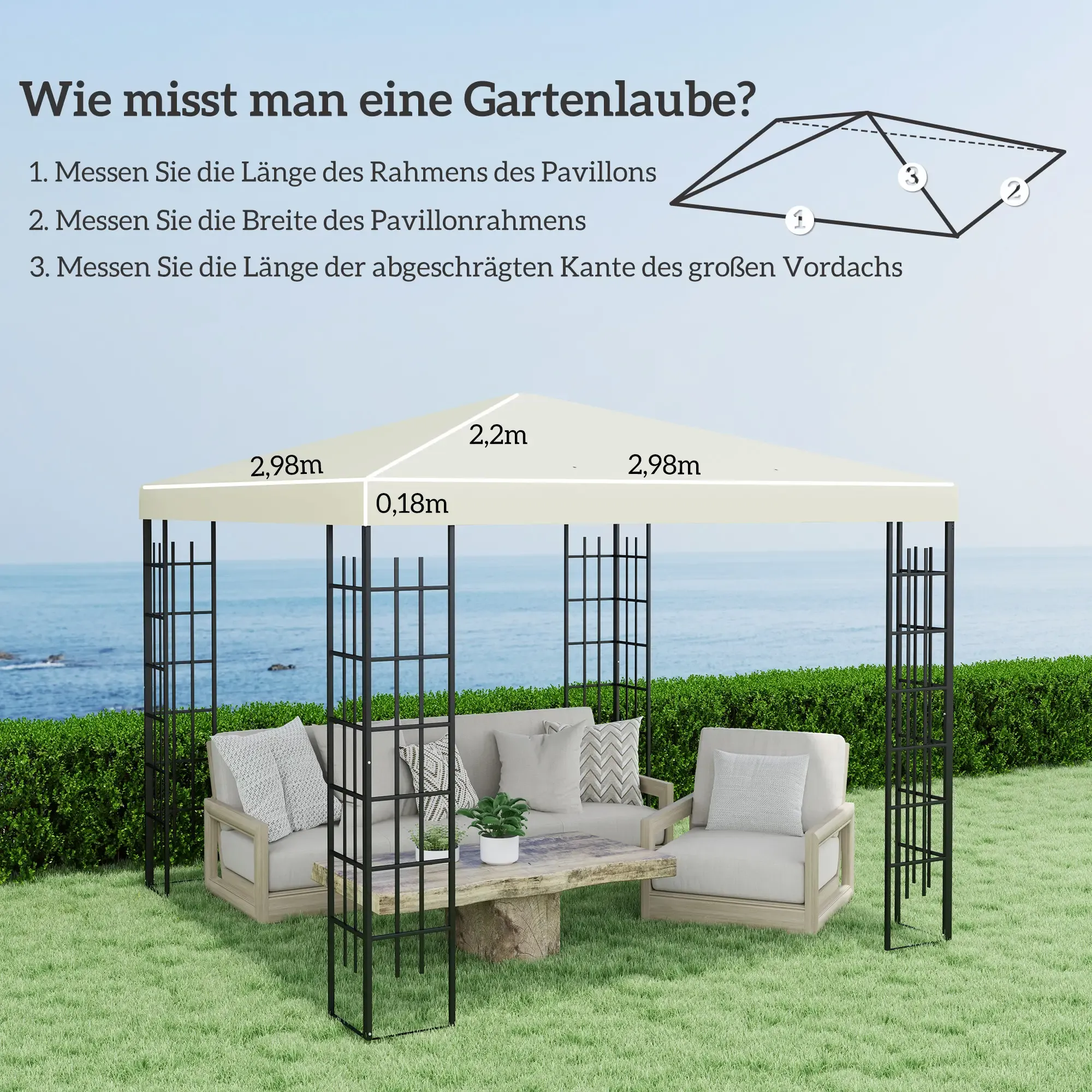 Gartenmöbel-Set mit Pavillon, mit Sitzgelegenheiten und einem Tisch, auf einem grünen Rasen in der Nähe des Meeres.