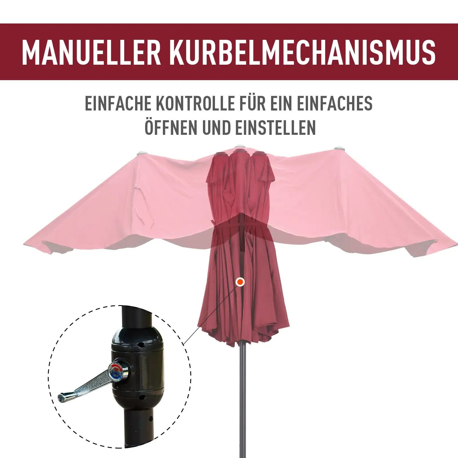 Ein roter Regenschirm mit Kurbelmechanismus wird teilweise geöffnet vor einem Diagramm gezeigt.