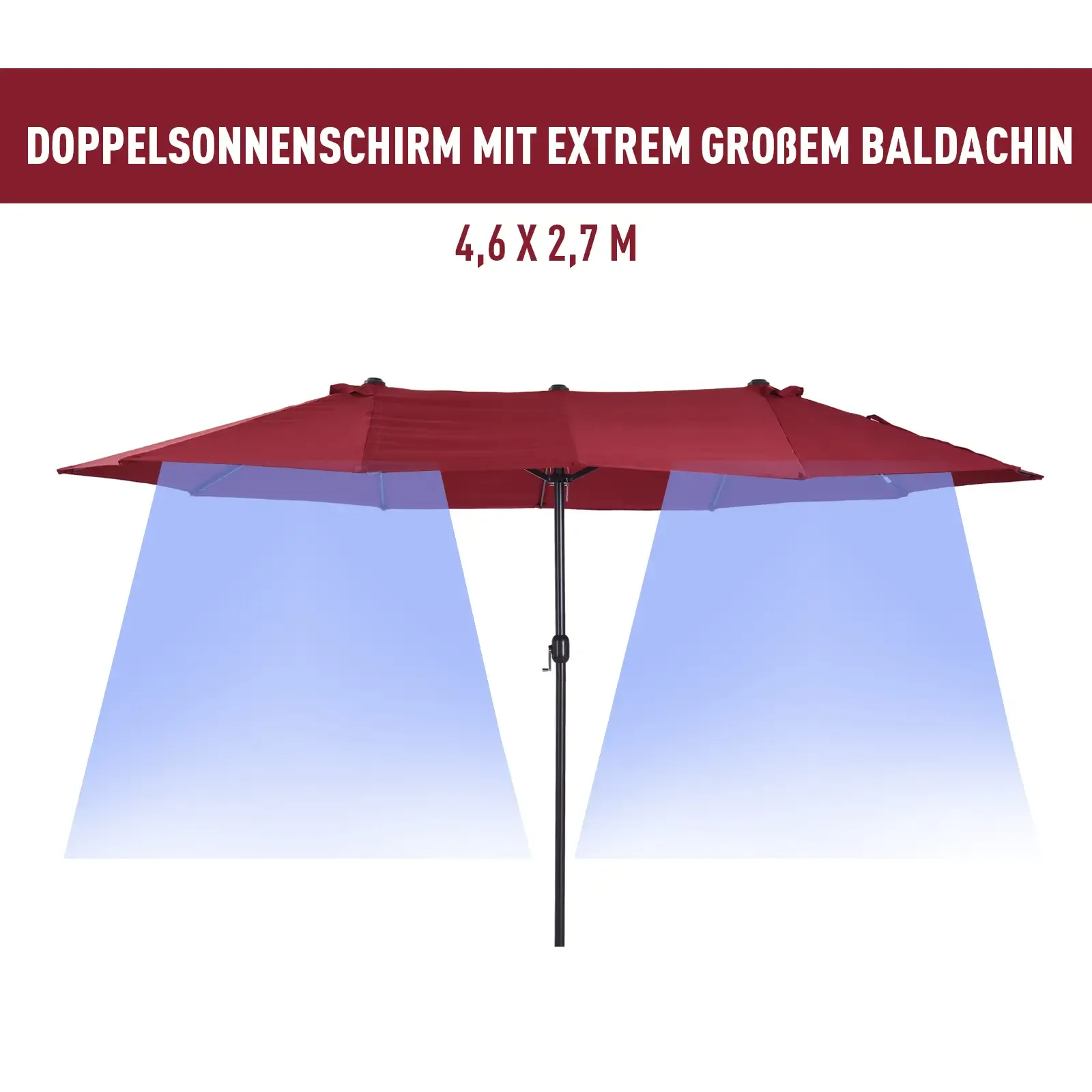 Ein breiter, offener, roter Terrassenschirm mit einer schwarzen Stange ist mittig vor einem weißen Hintergrund platziert.