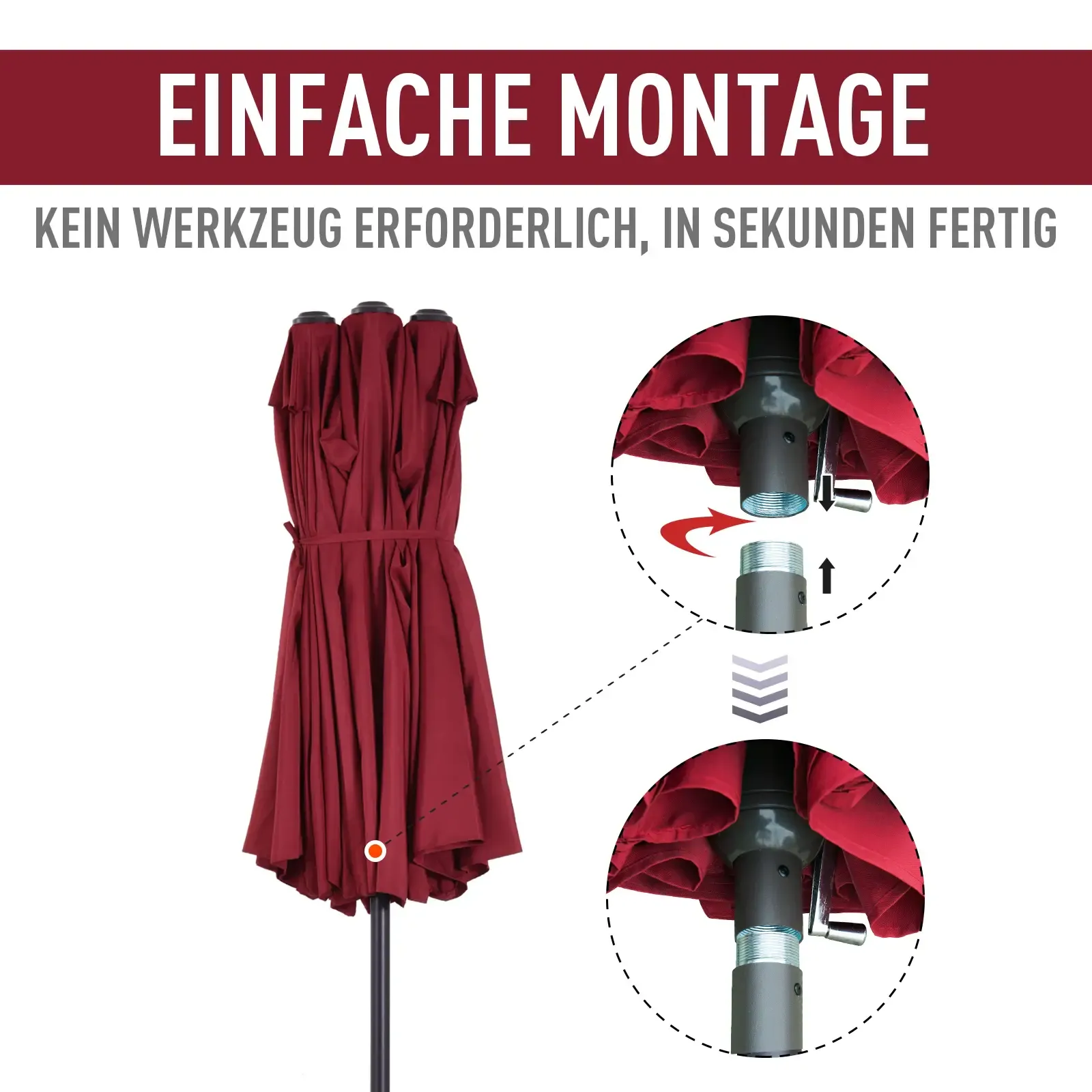Ein roter Regenschirm wird teilweise geschlossen gezeigt, mit Diagrammen, die Montageschritte vor einem weißen Hintergrund zeigen.