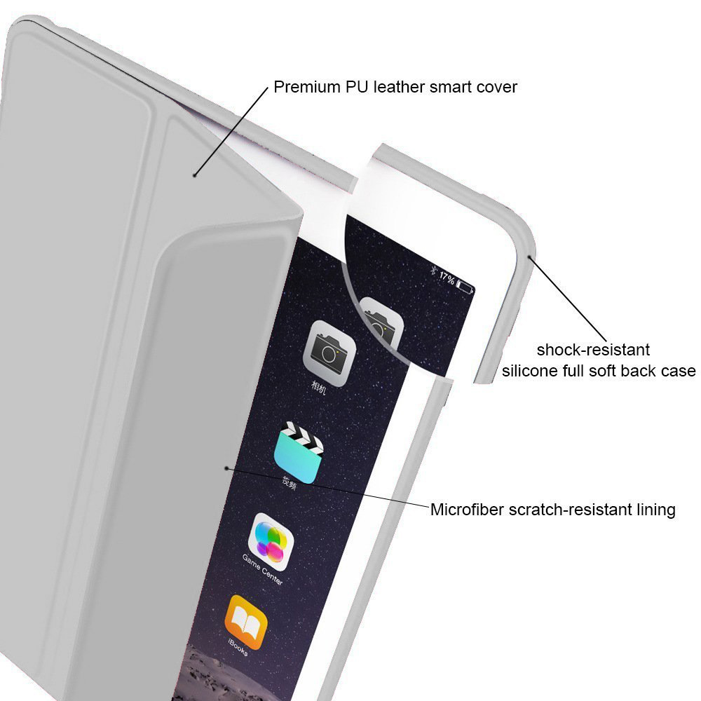Nahaufnahme eines Tablets mit einem hochwertigen Smart Cover aus PU-Leder, das den Bildschirm und die Kamerasymbole zeigt.
