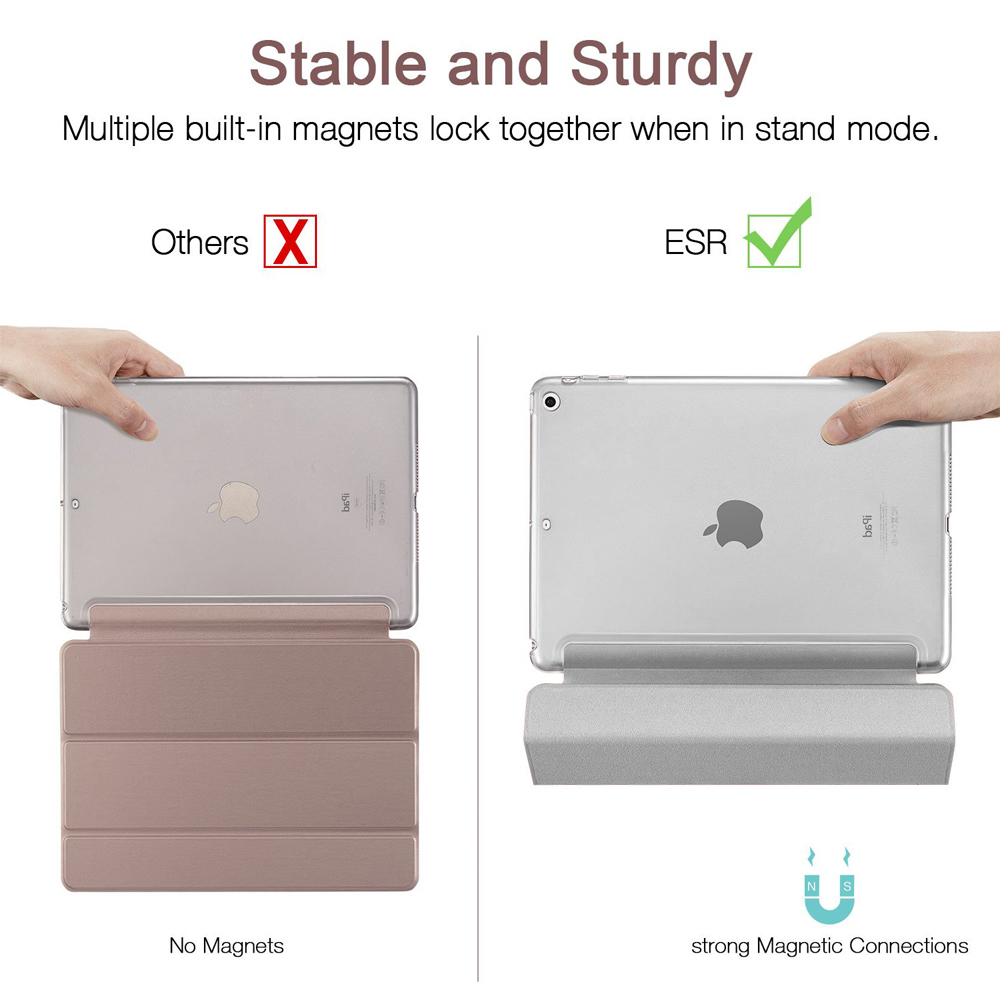 Zwei Tablets werden verglichen; eines mit einer nicht-magnetischen Hülle und eines mit einer magnetischen Hülle im Standmodus.