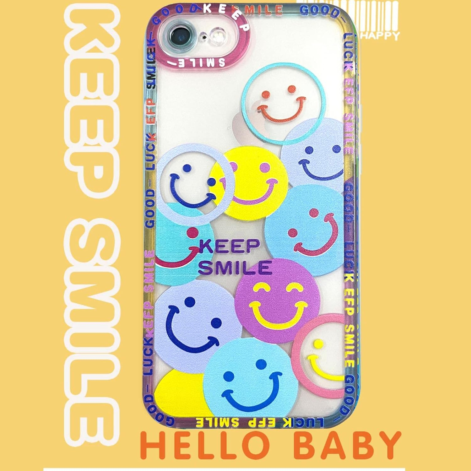 Durchsichtige Handyhülle mit bunten Smileys und den Worten 'Keep Smile' und 'Luck EFP Smile' auf gelbem Hintergrund.