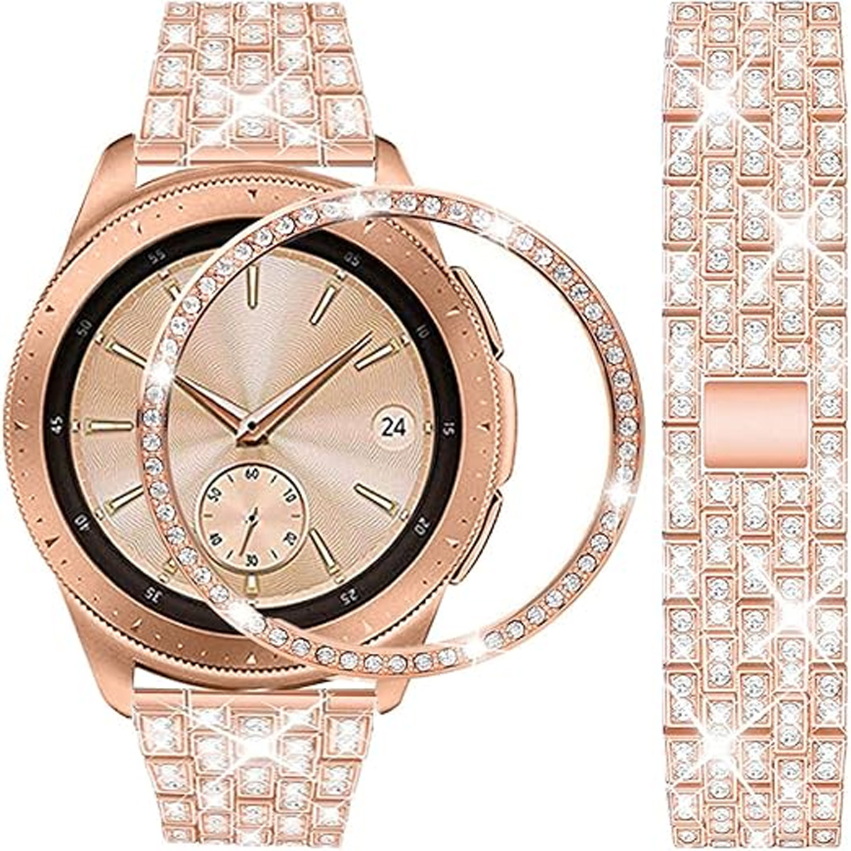 Eine roségoldene Smartwatch mit einem mit Diamanten besetzten Armband und einer Lünette wird neben ihrem abgenommenen Armband angezeigt.