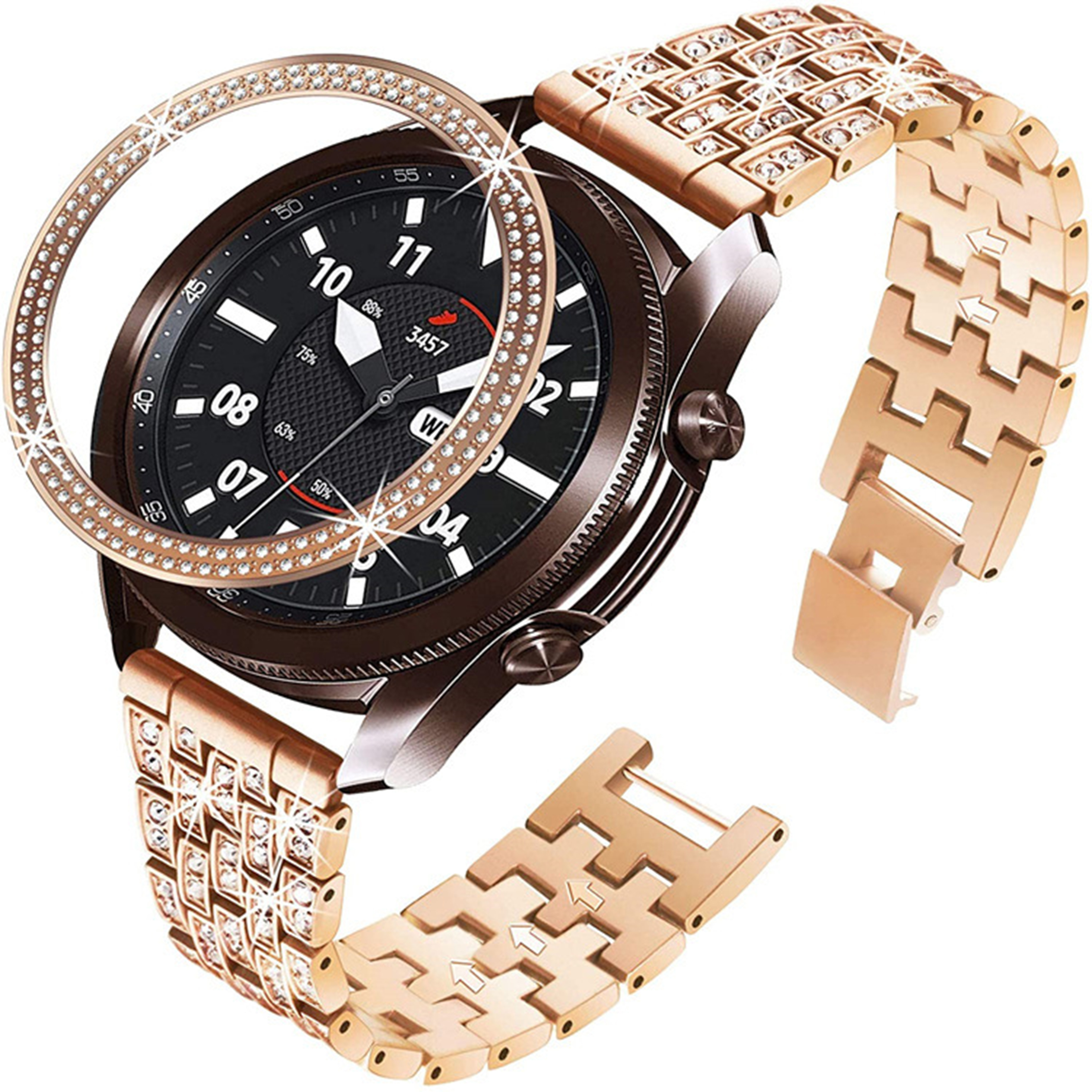 Roségoldene Smartwatch mit juwelenbesetztem Armband und Lünette, die ein digitales Zifferblatt anzeigt.