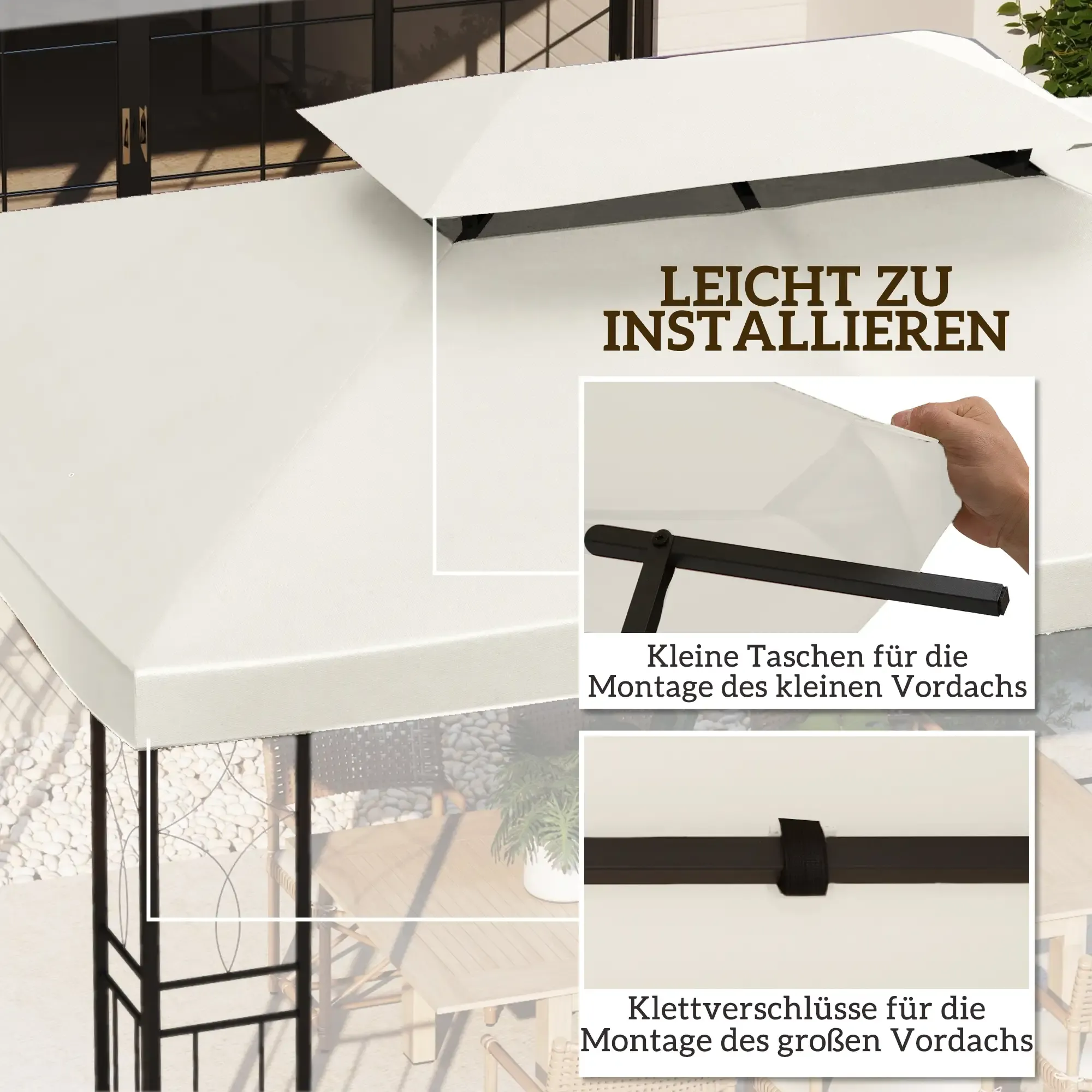 Detailansicht einer Pavillondachinstallation mit deutschem Text auf neutralem Hintergrund.