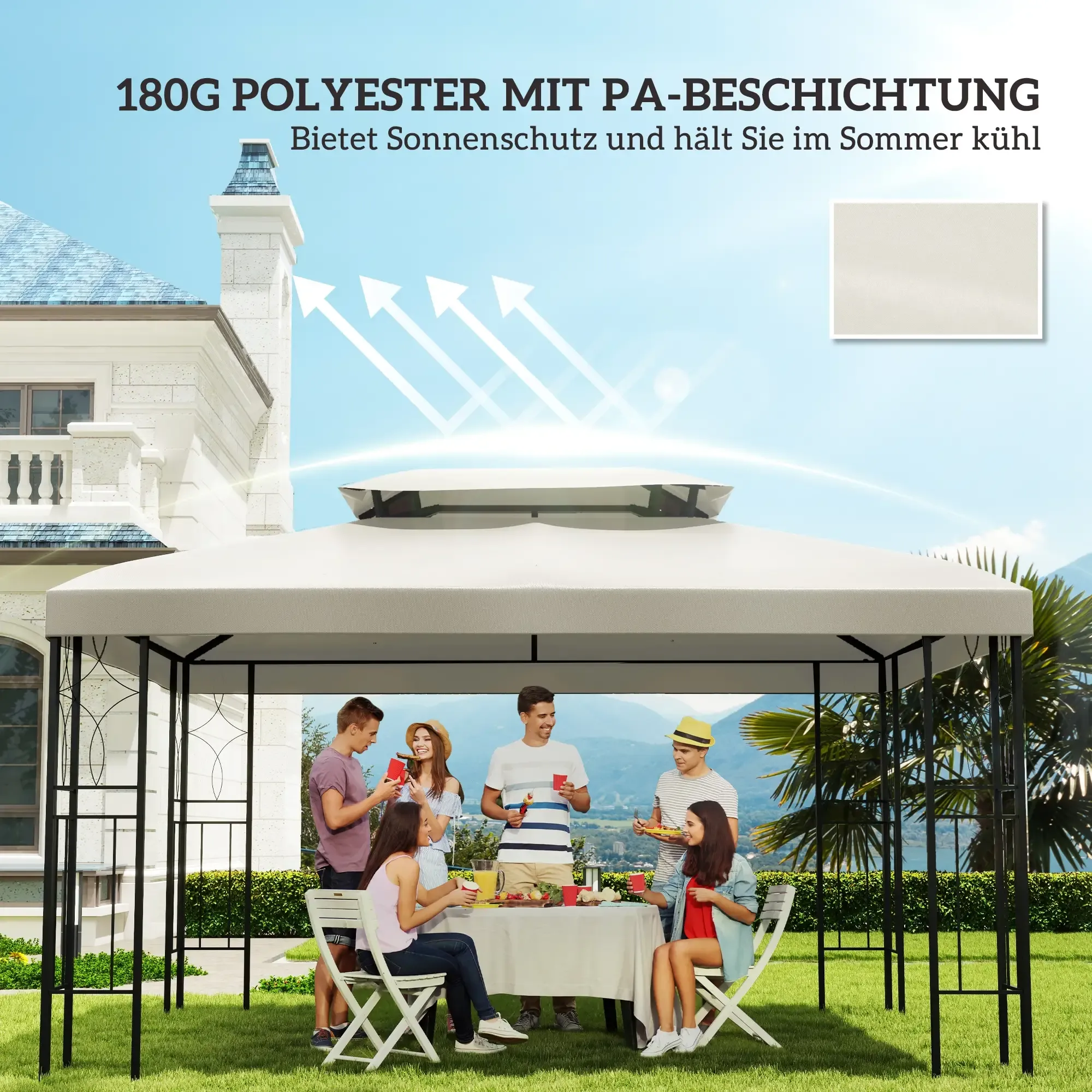 Eine Gruppe von Menschen versammelt sich an einem sonnigen Tag in einem Hinterhof unter einem weißen Pavillon.