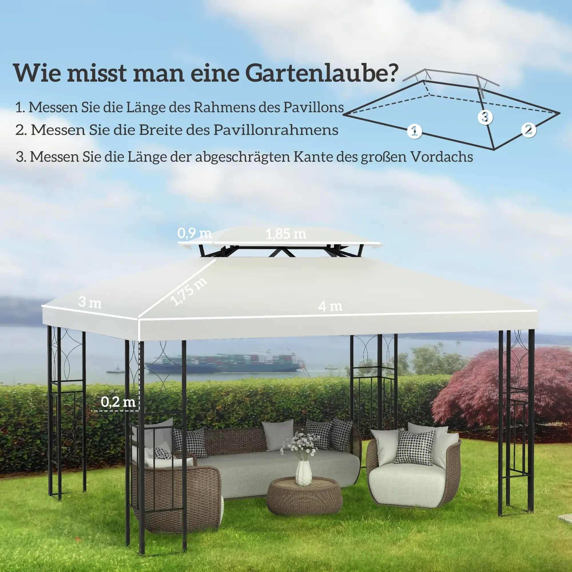 Ein Diagramm, das die Abmessungen eines Pavillons mit Sitzgelegenheiten und einem Tisch in einer Gartenanlage zeigt.