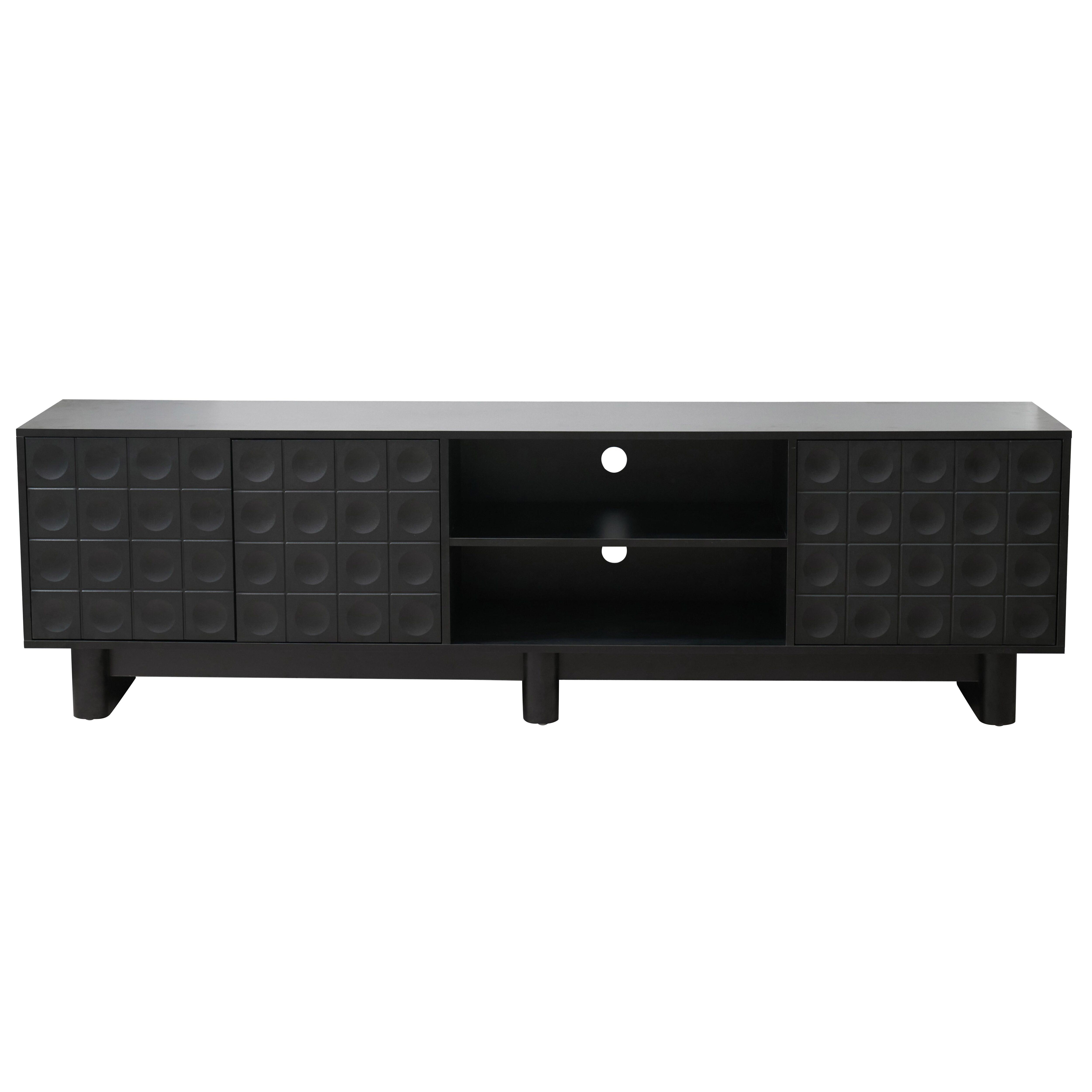 Eine schwarze TV-Konsole mit Ablagefächern und einem strukturierten Türdesign.