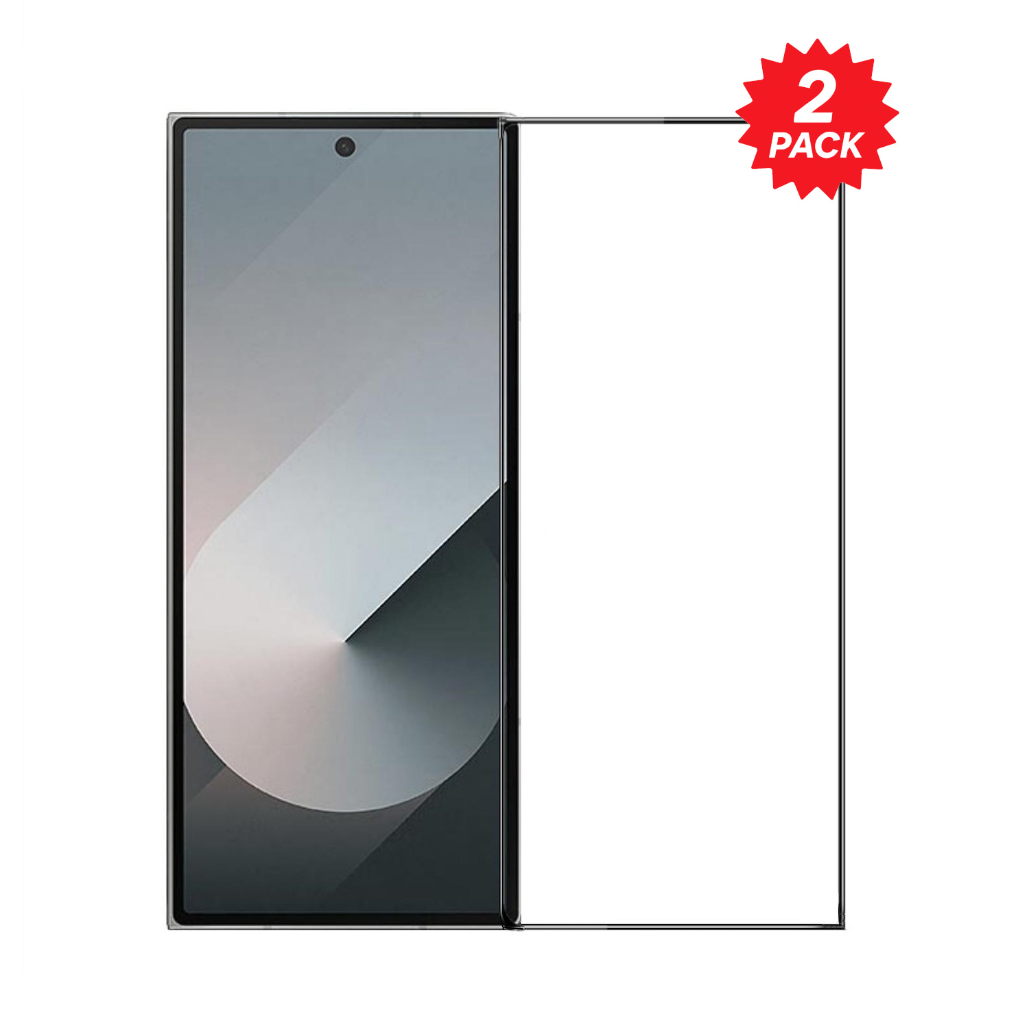 Eine Smartphone-Displayschutzfolie mit einer klaren Displayschutzfolie und einem roten "2 PACK"-Etikett.