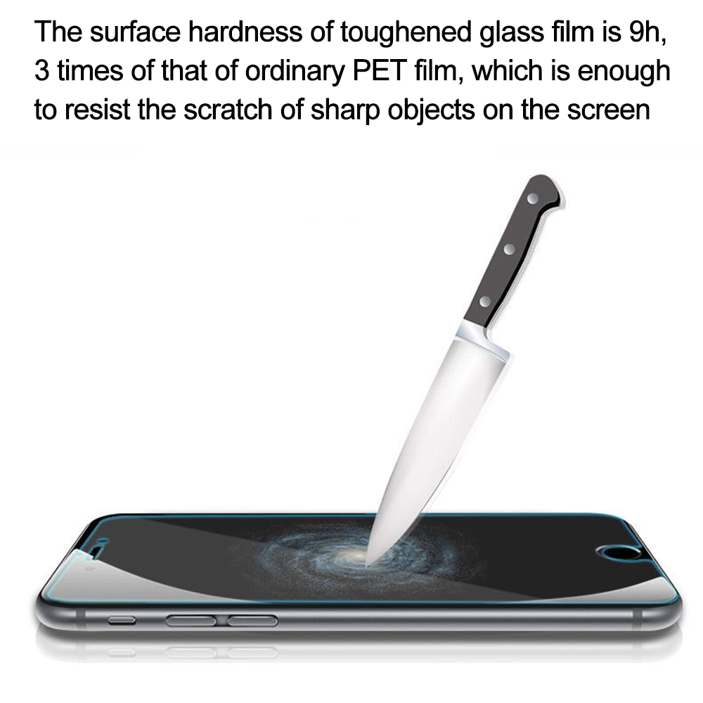 Ein Messer ist im Begriff, einen Telefonbildschirm zu zerkratzen. Text erklärt, dass die Härte des Glasfilms vor Kratzern schützt.