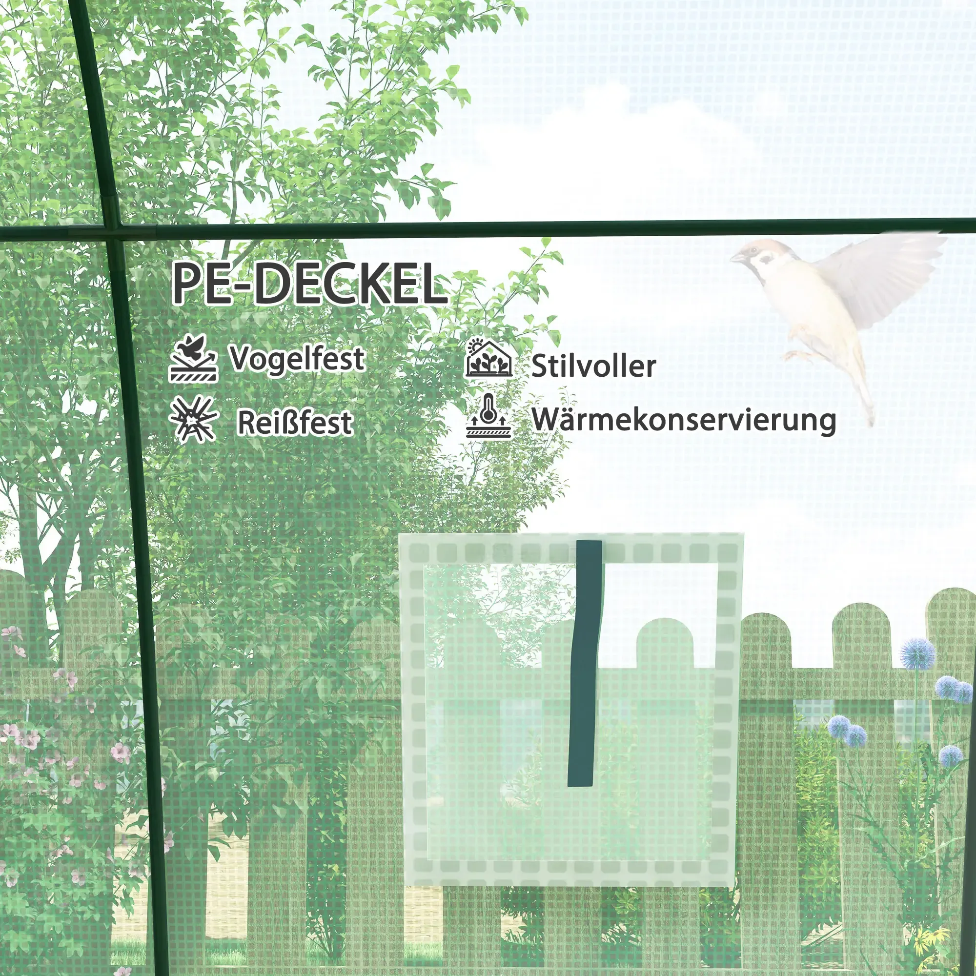 Nahaufnahme eines grünen PE-bedeckten Pflanzenschutzes mit Textüberlagerungen über seine Eigenschaften.