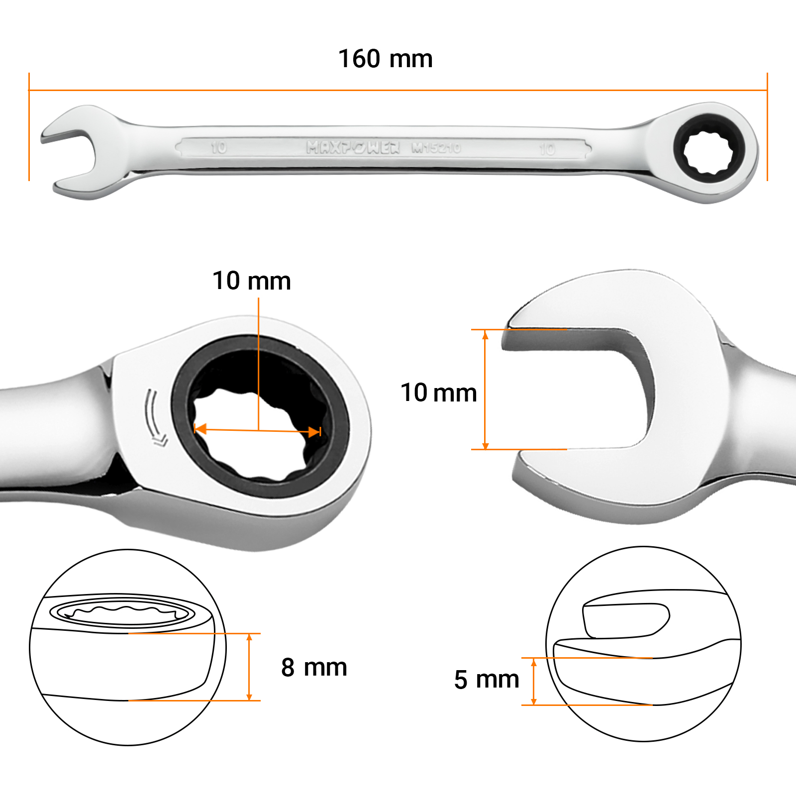Diagramma tecnico che mostra le dimensioni di una chiave, tra cui 160 mm di lunghezza e dimensioni della presa di 10 mm/8 mm/5 mm.