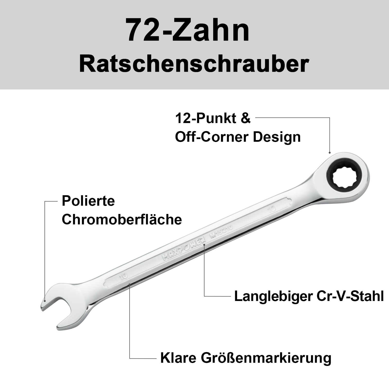 Un diagramma di chiave con etichette di testo in tedesco descrive in dettaglio il cricchetto a 72 denti, la superficie cromata lucida e l'acciaio Cr-V resistente.