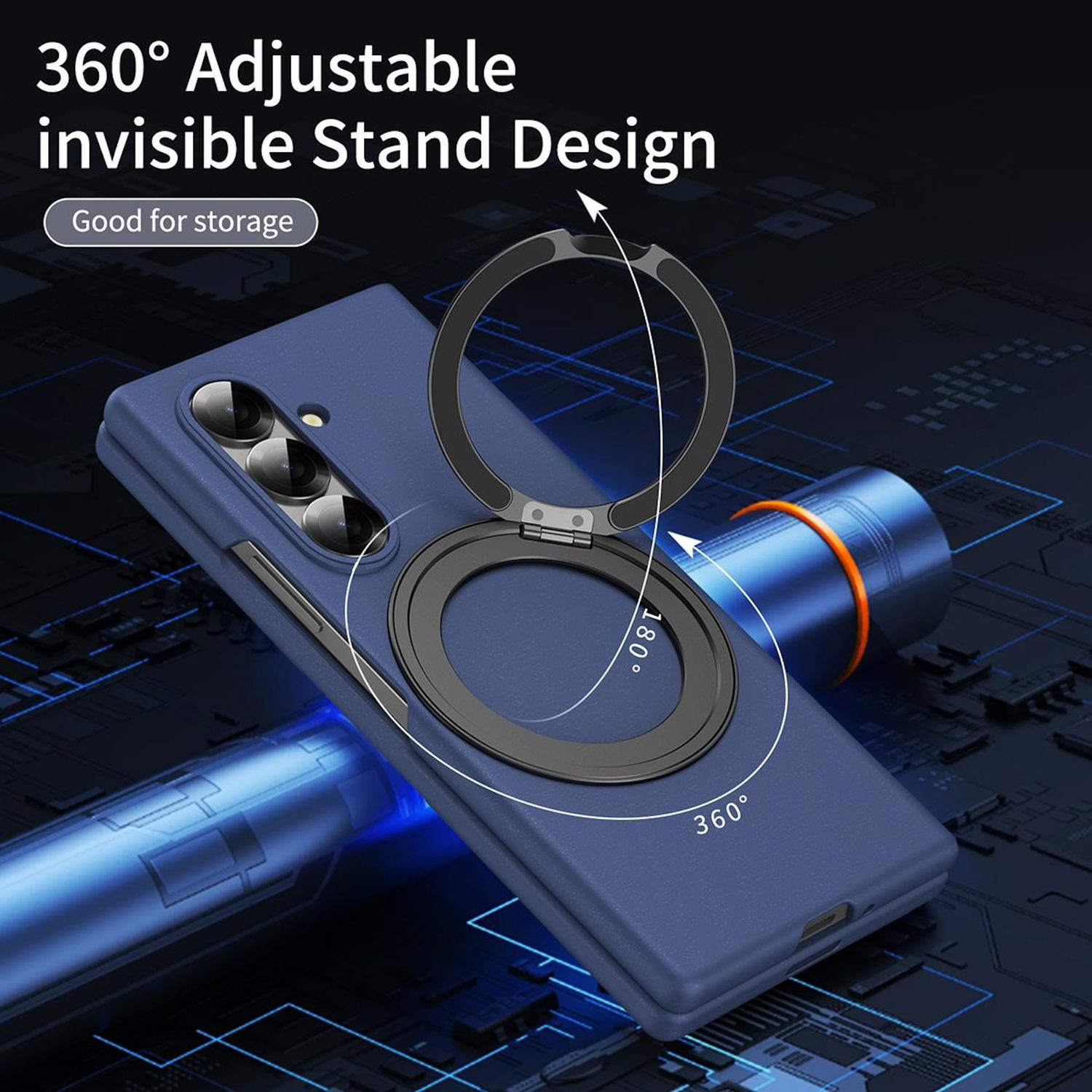 Eine blaue Handyhülle mit einem schwarzen Ringständer wird mit einem um 360° verstellbaren Design für vielseitige Aufbewahrungsmöglichkeiten präsentiert.