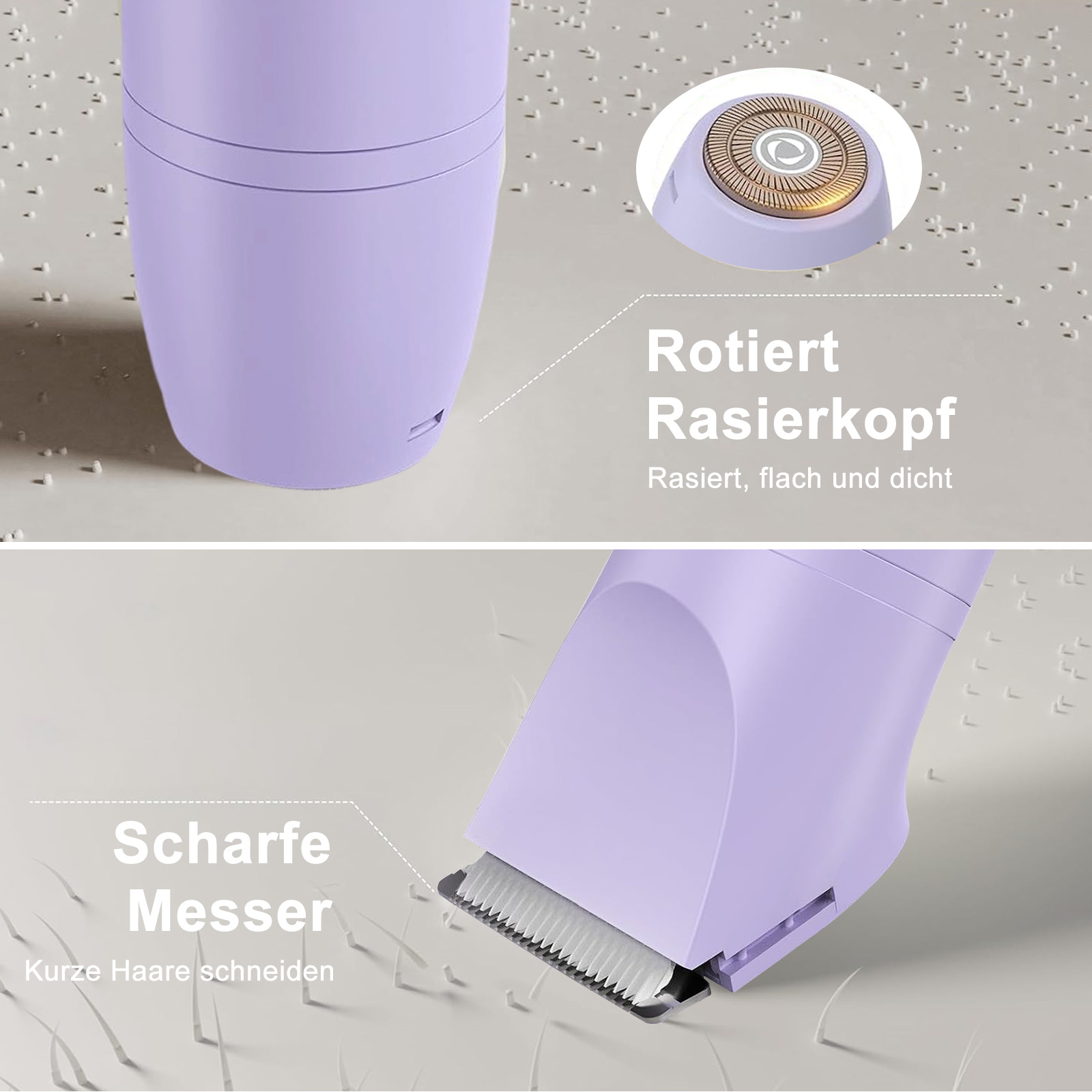 Nahaufnahme eines lila elektrischen Rasiererkopfes mit scharfen Klingen zum Schneiden kurzer Haare wird angezeigt.