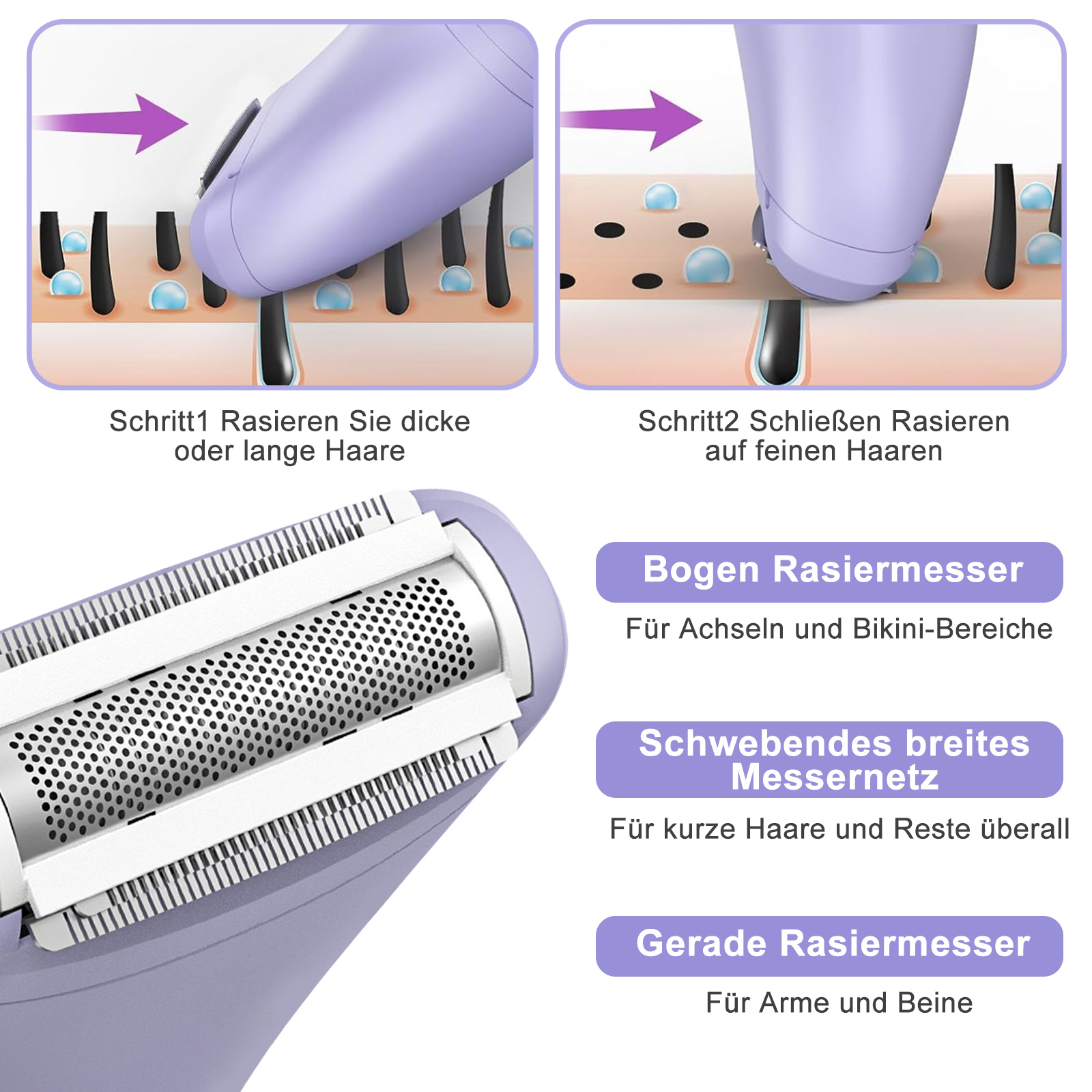 Das Bild zeigt, wie ein lila Elektrorasierer verwendet werden kann, um dicke oder lange Haare in zwei Schritten zu rasieren.
