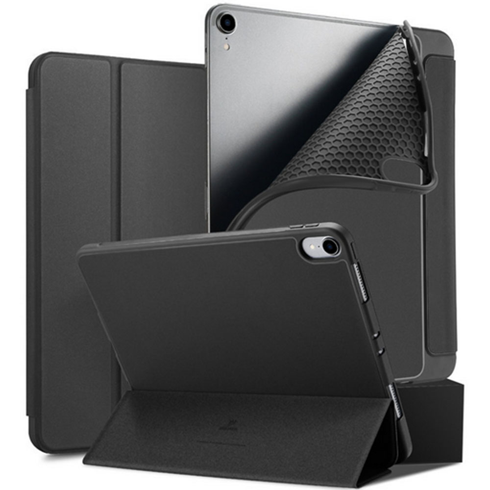 Ein graues Tablet mit schwarzer Hülle ist aufgeklappt und zeigt seinen Bildschirm und ein internes Wabenmuster.
