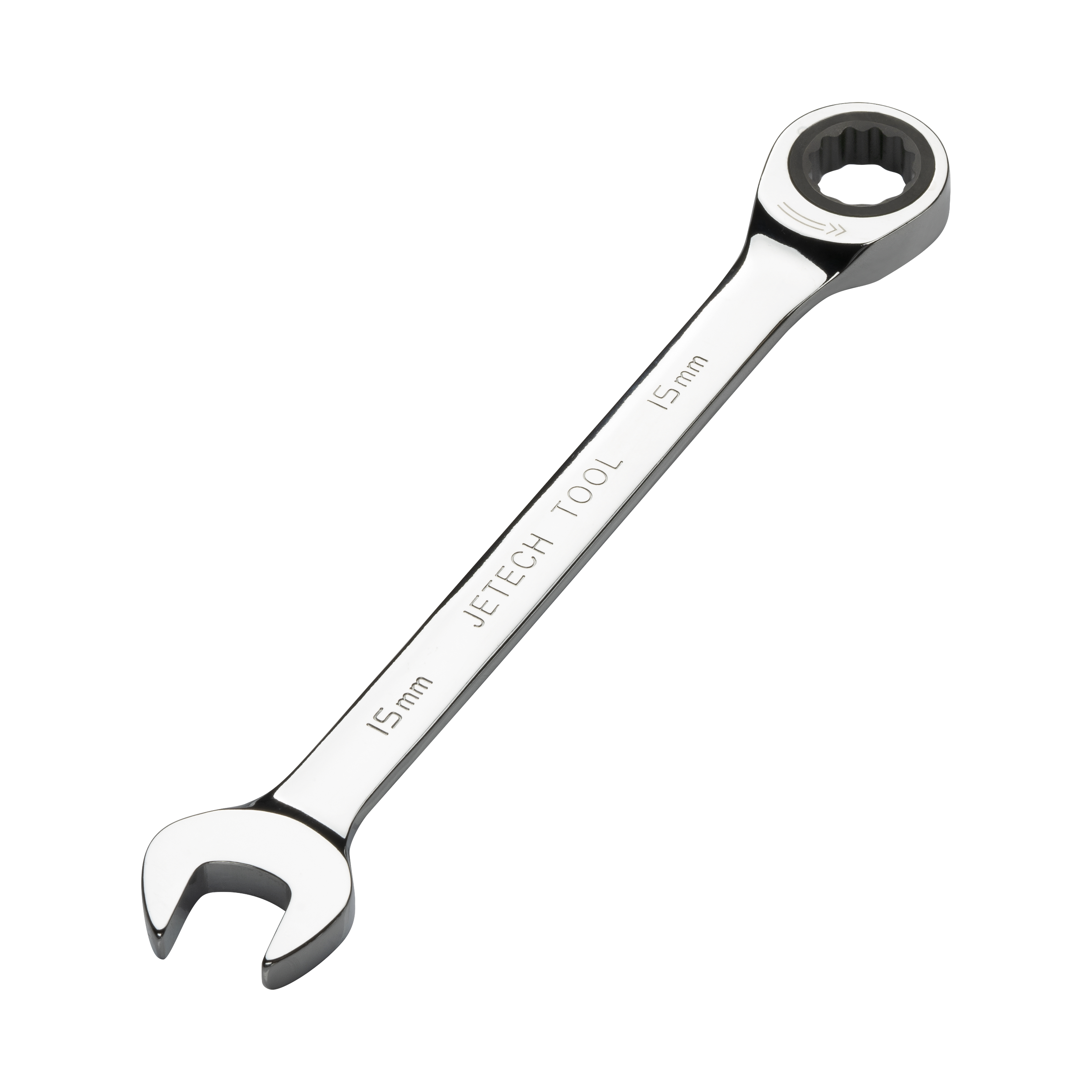 Una chiave inglese argentata da 15 mm con estremità a cricchetto su uno sfondo bianco.