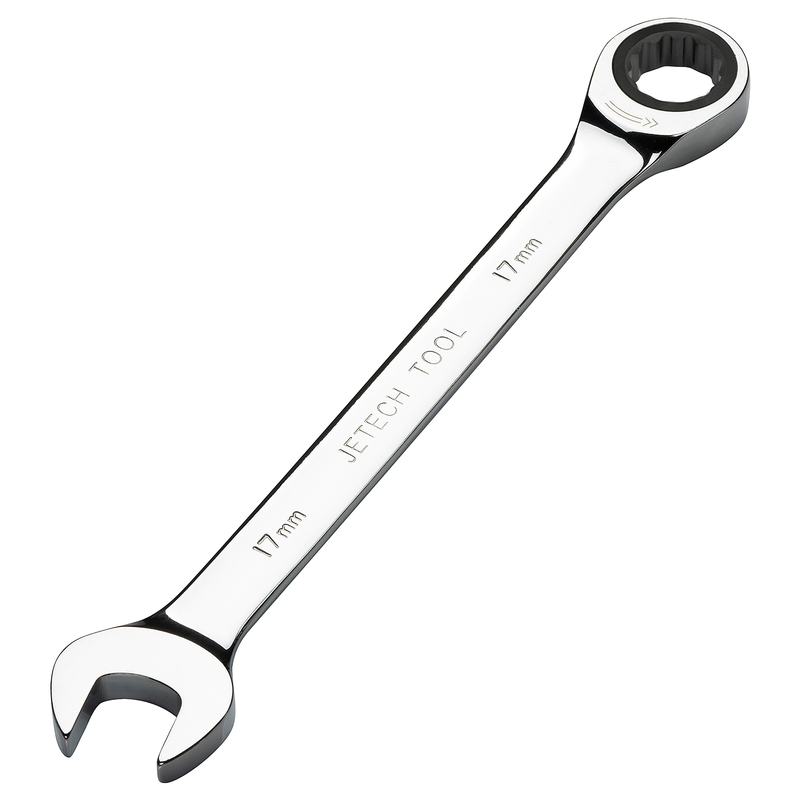 Una chiave inglese argentata JETECH TOOL da 17 mm è angolata su uno sfondo bianco.