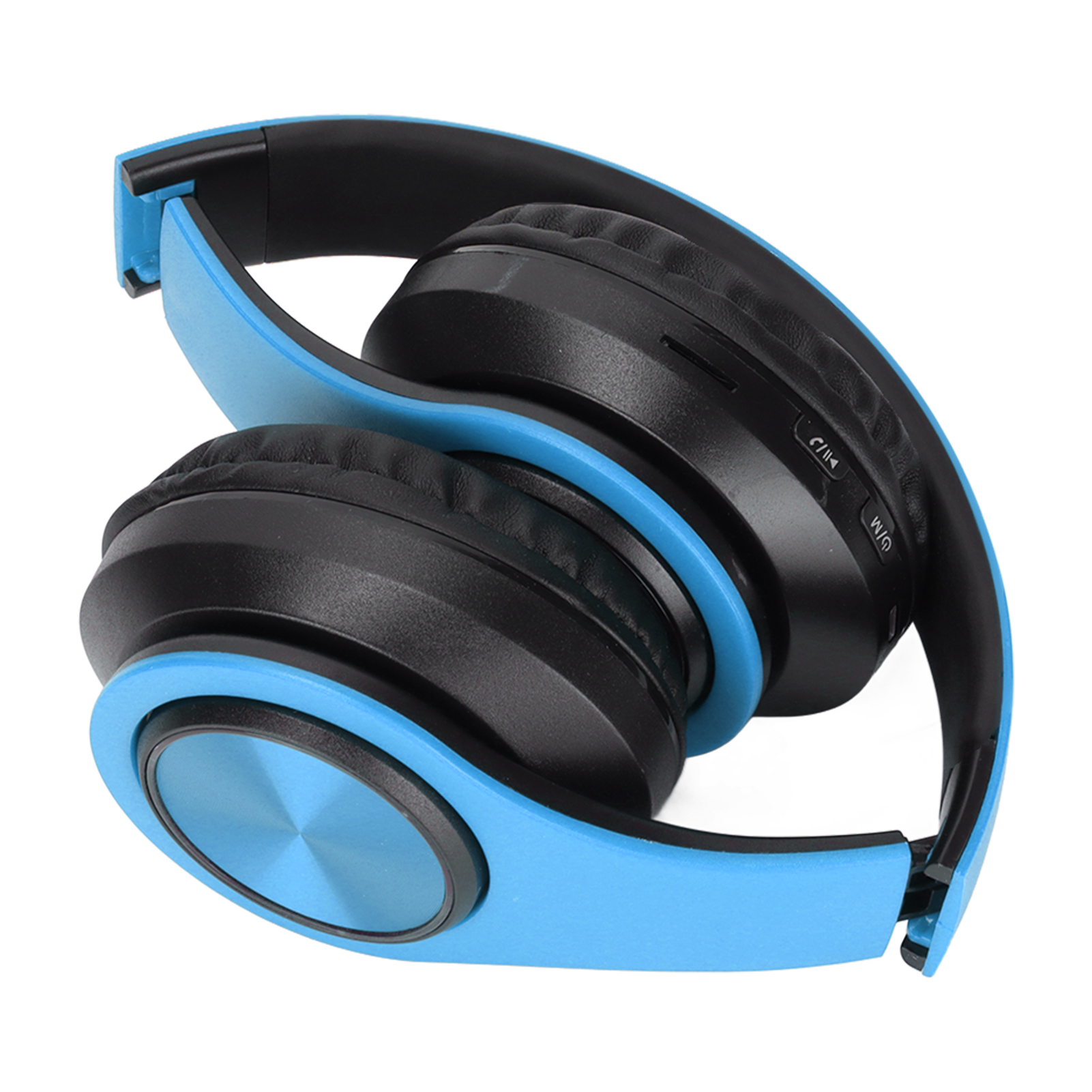 Zusammengeklappte blaue und schwarze Kopfhörer, die ein kompaktes Design zeigen, auf weißem Hintergrund.