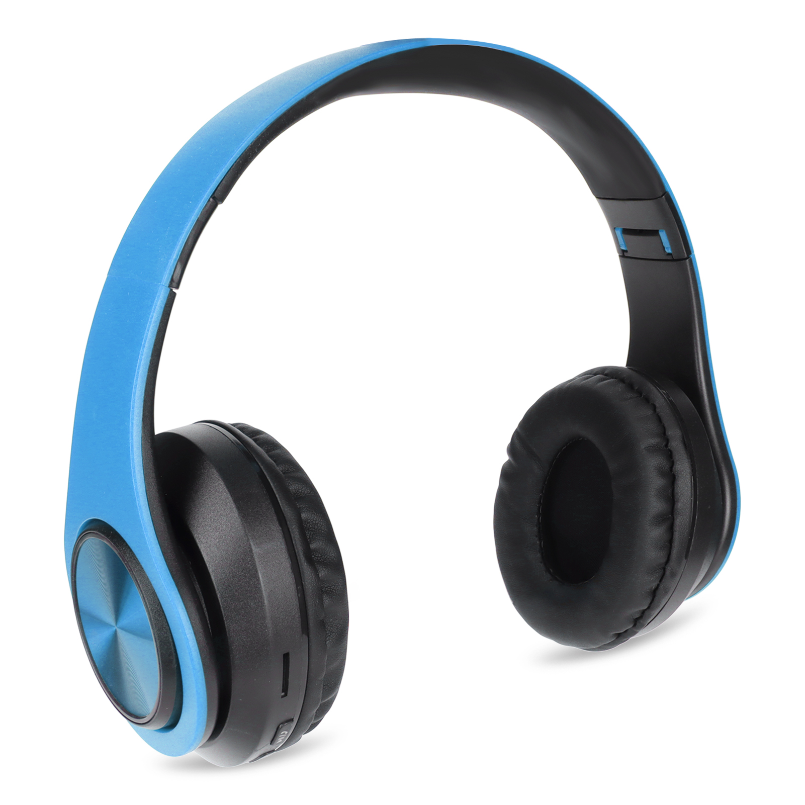 Blaue und schwarze Over-Ear-Kopfhörer mit einem metallischen Akzent auf weißem Hintergrund.