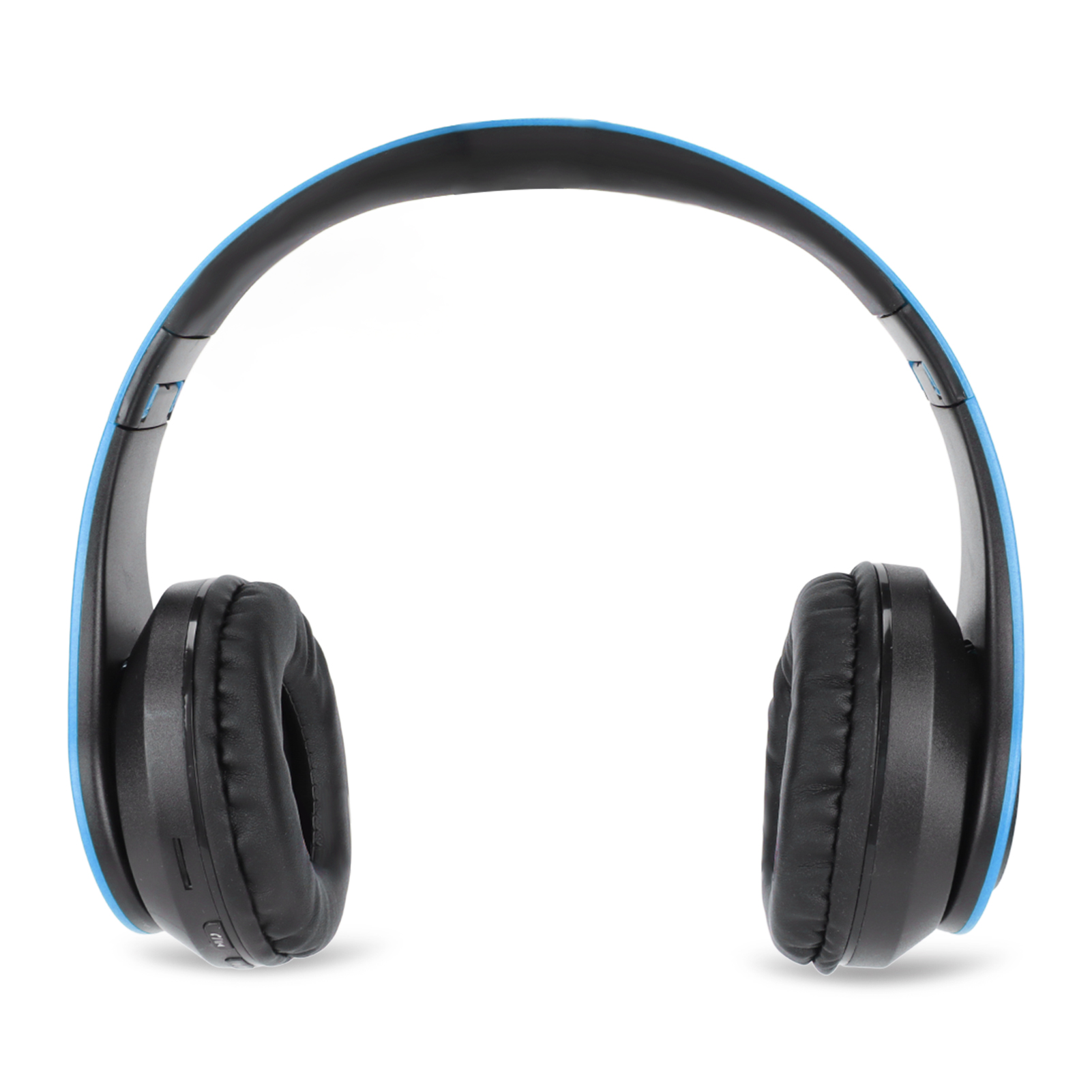 Vorderansicht von blauen und schwarzen Over-Ear-Kopfhörern auf weißem Hintergrund.