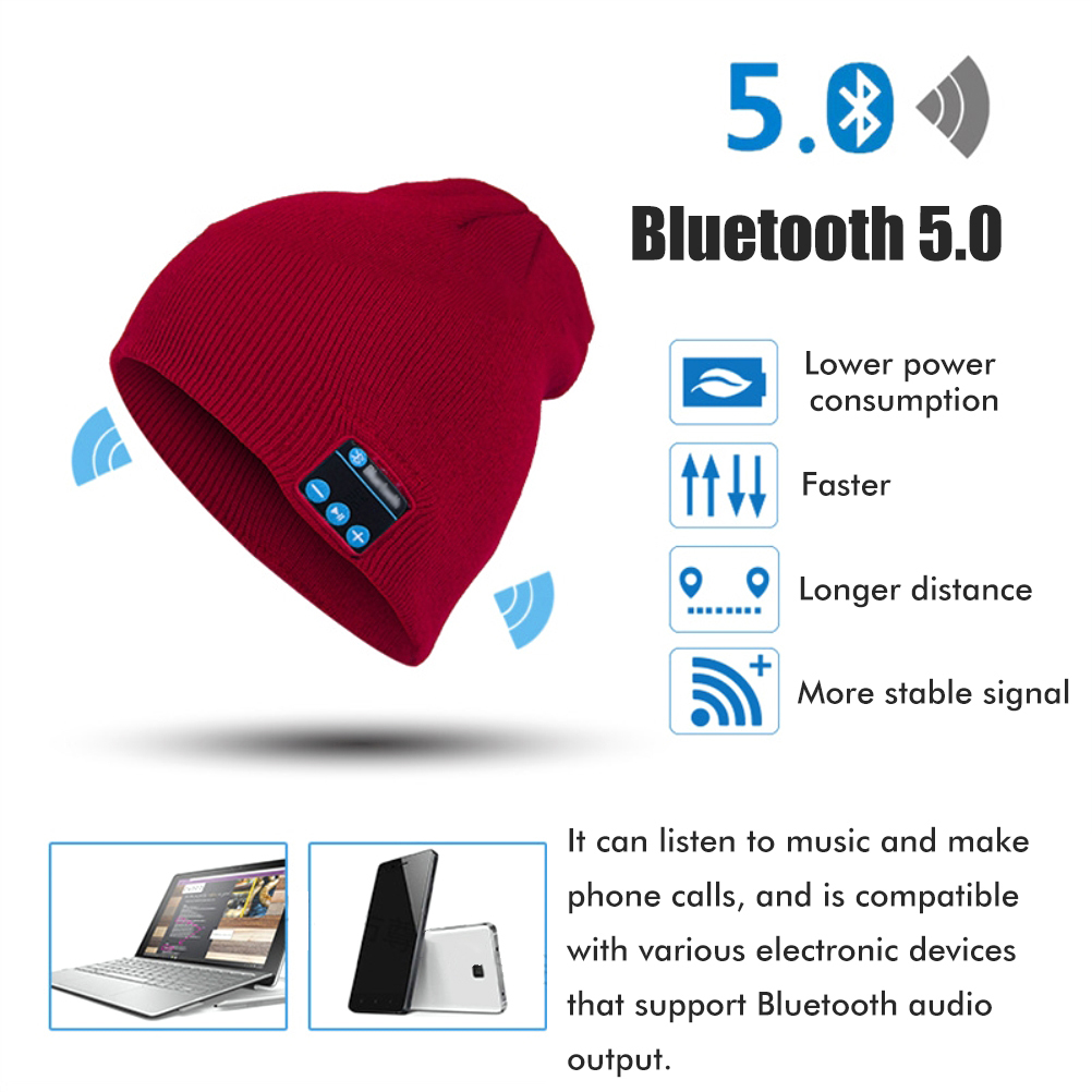 Eine rote Mütze mit Bluetooth-Steuerung wird mit technischen Daten und Gerätekompatibilität gezeigt.