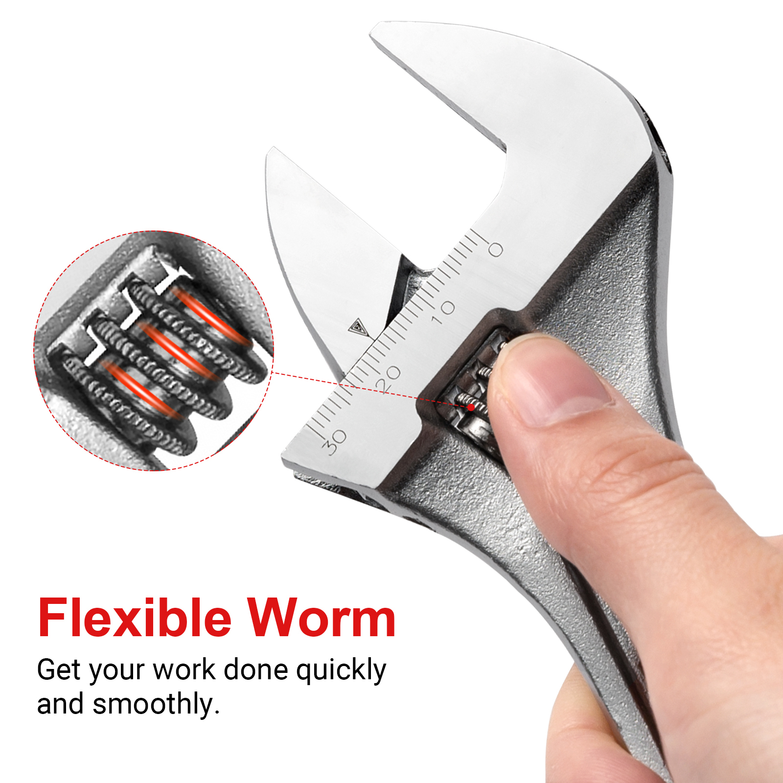 Nahaufnahme eines Schraubenschlüssels mit flexibler Schnecke, beschriftet zur reibungslosen Arbeitsanpassung.