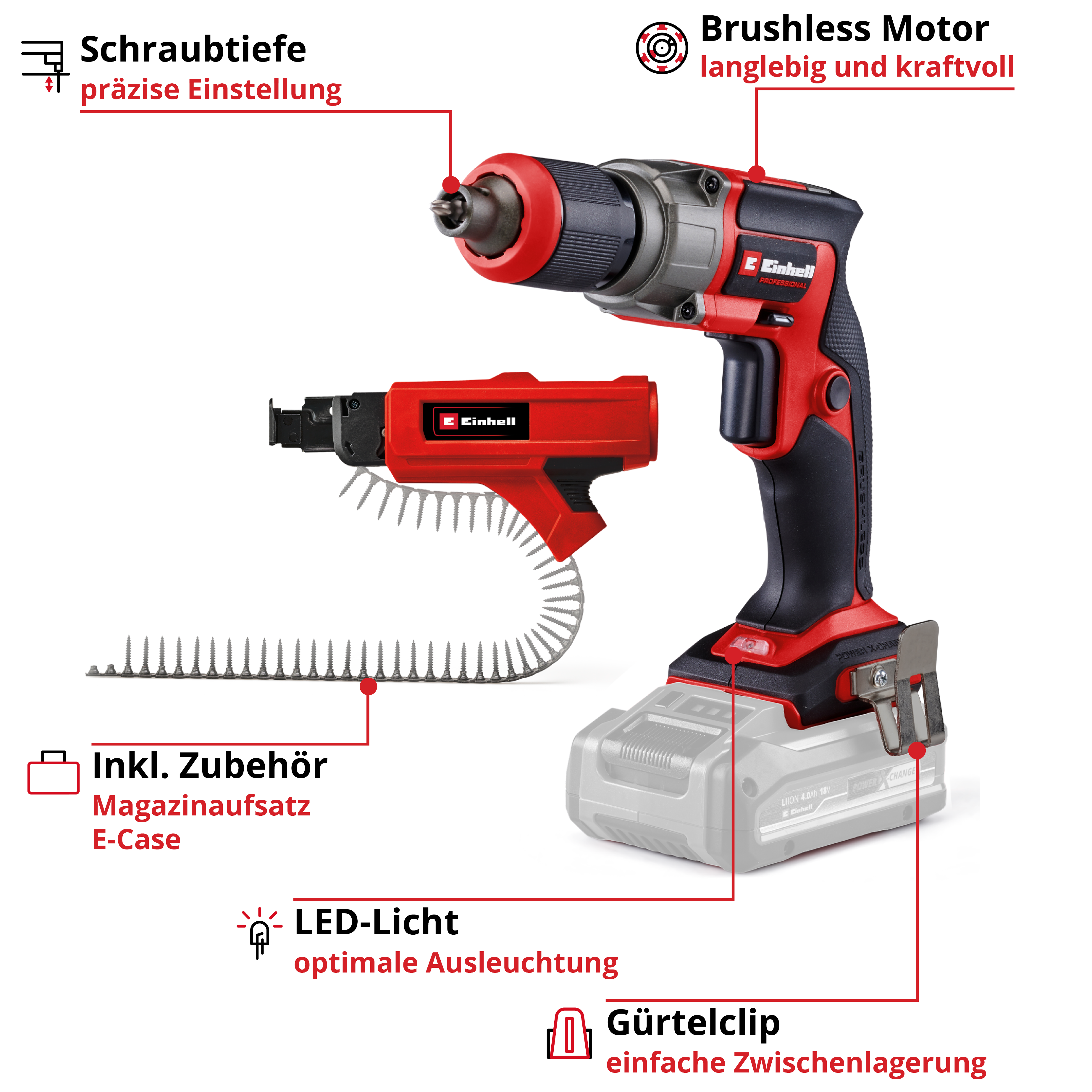 Das Bild zeigt einen rot-schwarzen Einhell Trockenbauschrauber mit Schraubenmagazinaufsatz und LED-Licht.