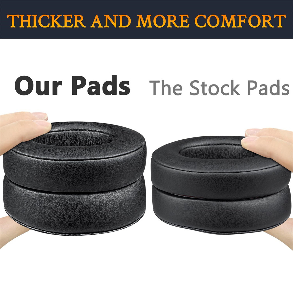 Zwei schwarze Ohrpolster nebeneinander. Text zeigt 'Unsere Pads' vs 'Die Original-Pads'.