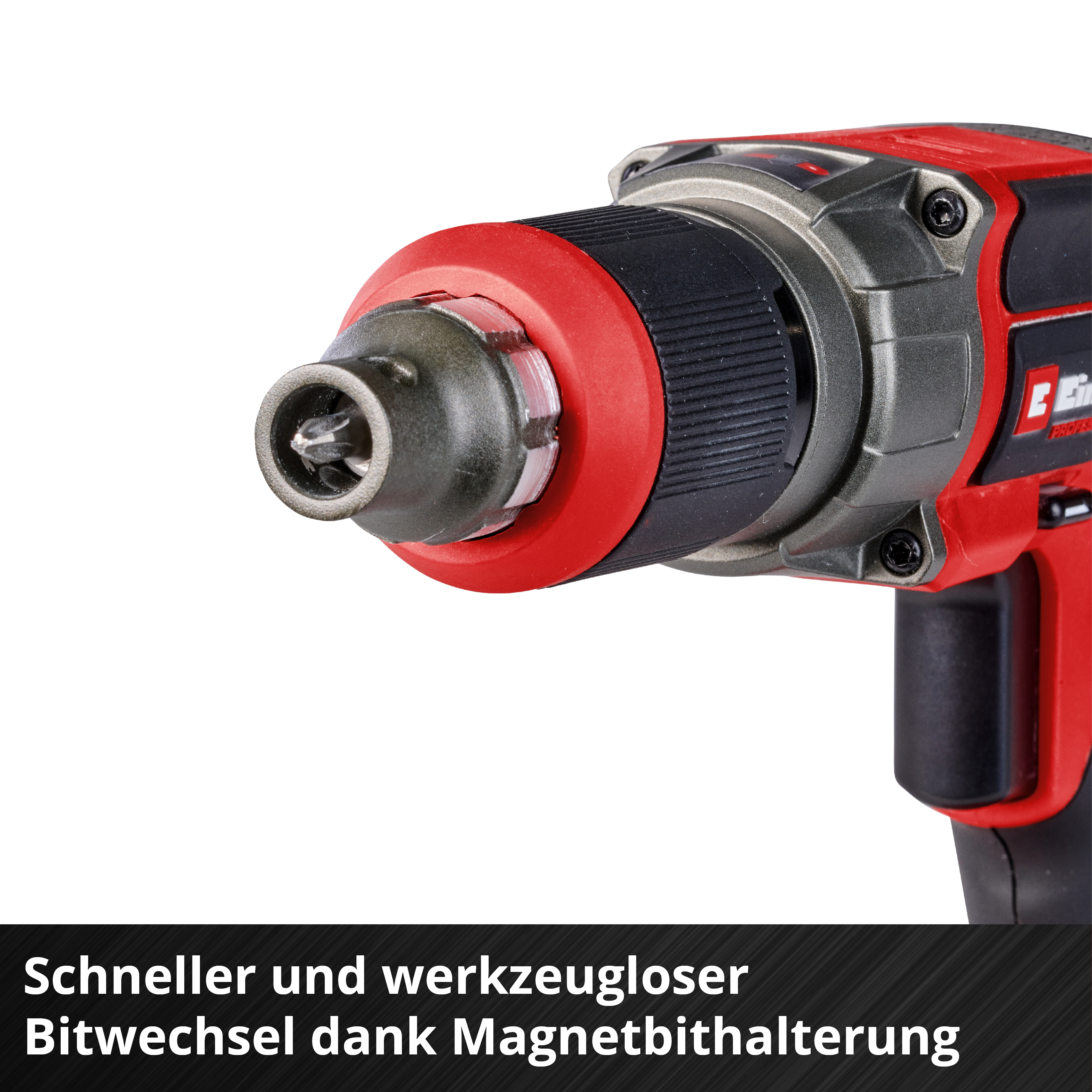 Nahaufnahme eines rot-schwarzen Akkuschraubers. Er hat eine Schnellwechselfunktion.