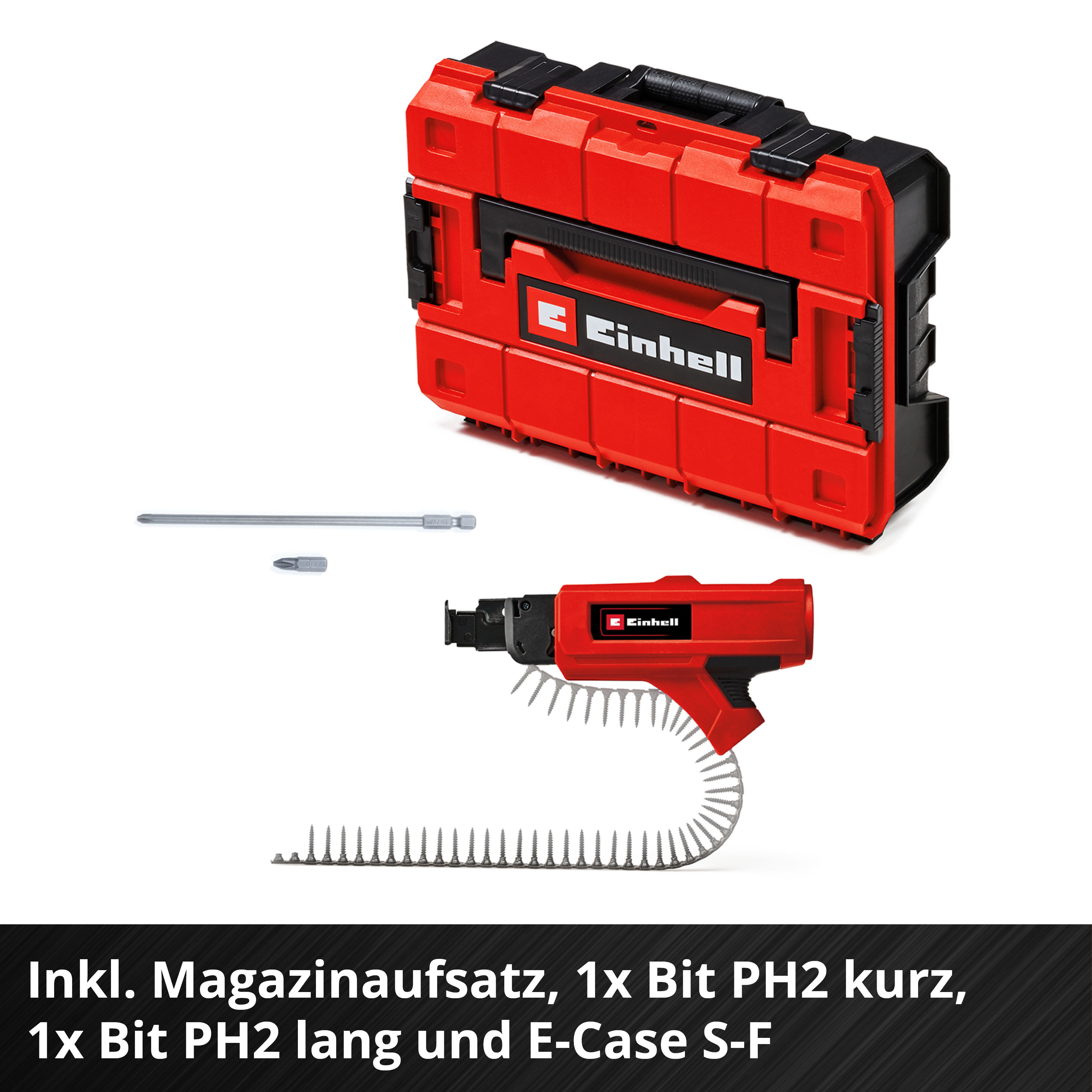 Ein roter Einhell Werkzeugkoffer mit rotem Schraubendreher und Bits. Der Koffer ist offen.