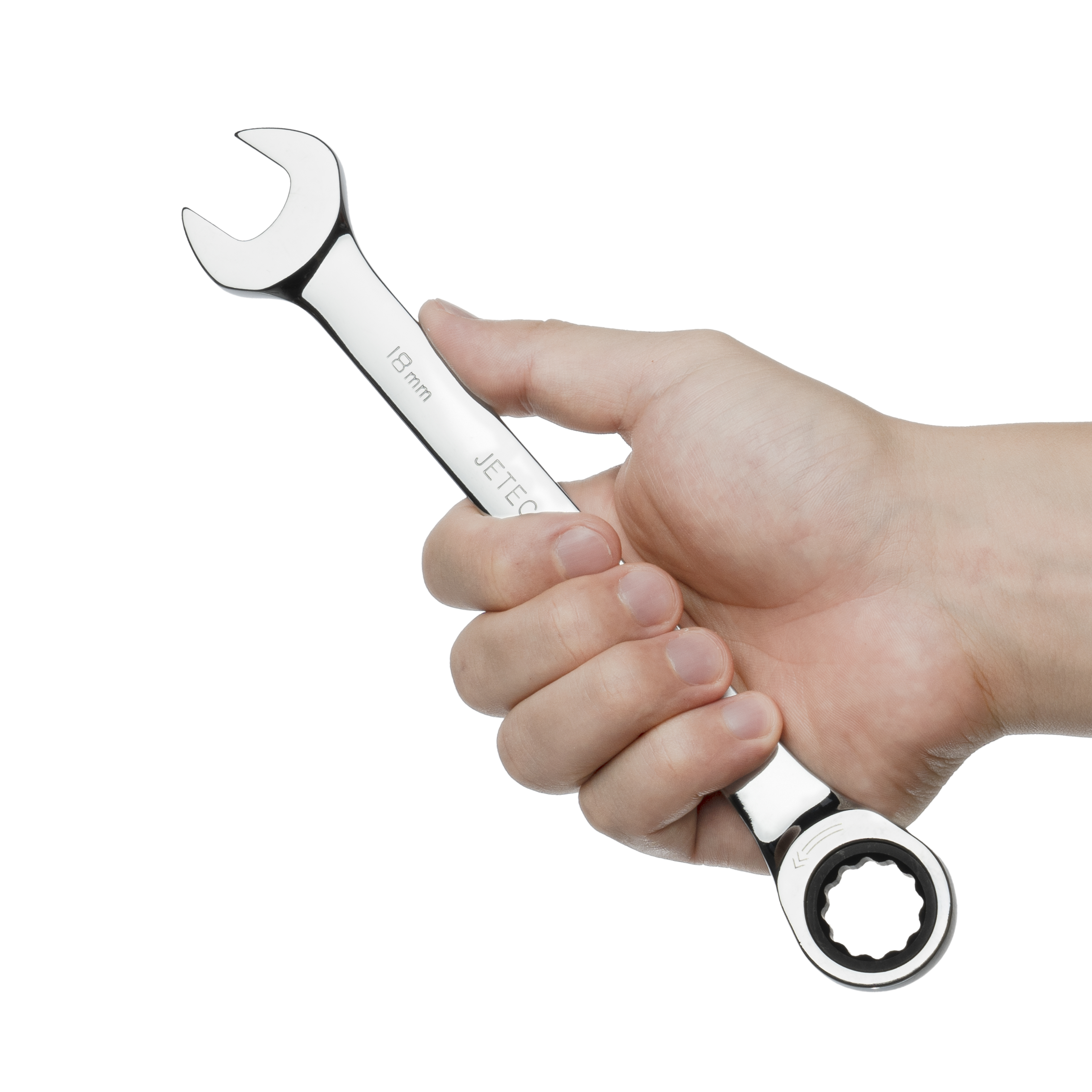 Una mano tiene una chiave inglese argentata da 18 mm JETECH TOOL su uno sfondo bianco.