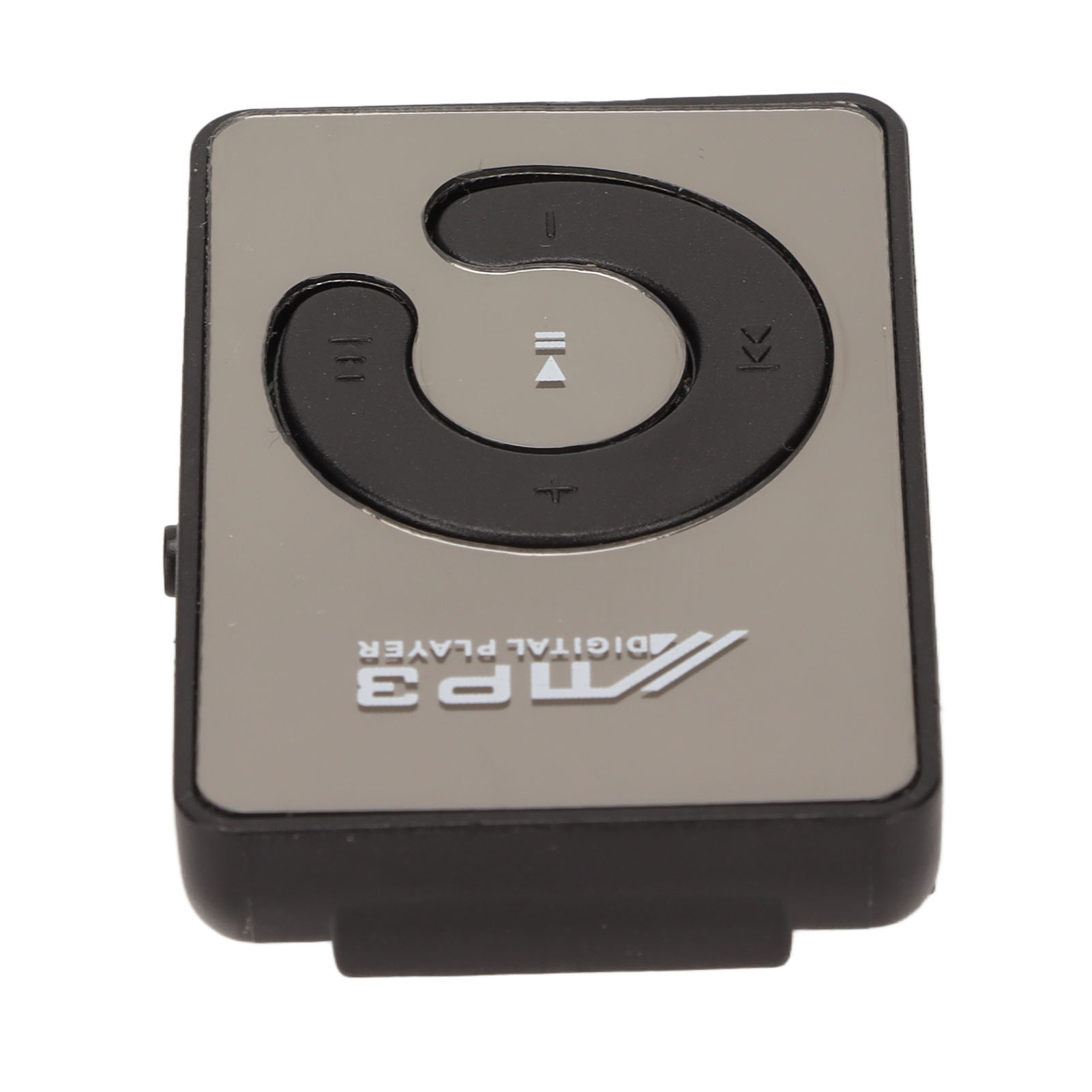Grauer MP3-Player mit Clip, mit schwarzen Bedienelementen und kompaktem Design auf weißem Hintergrund.