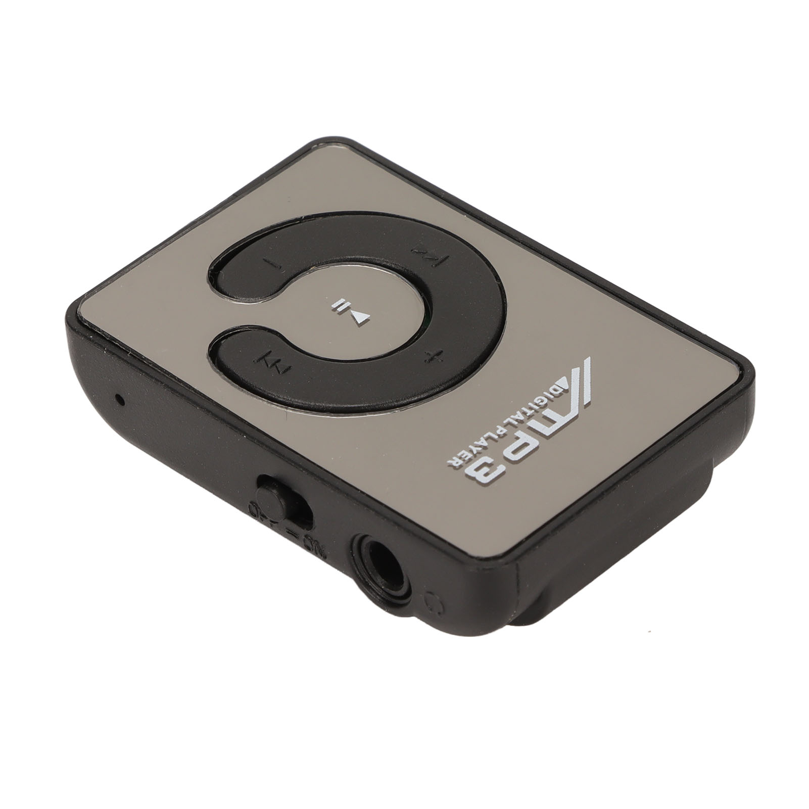 Grauer MP3-Player mit schwarzen Bedienelementen, der sein kompaktes Design und seine Anschlussmöglichkeiten auf weißem Hintergrund zeigt.