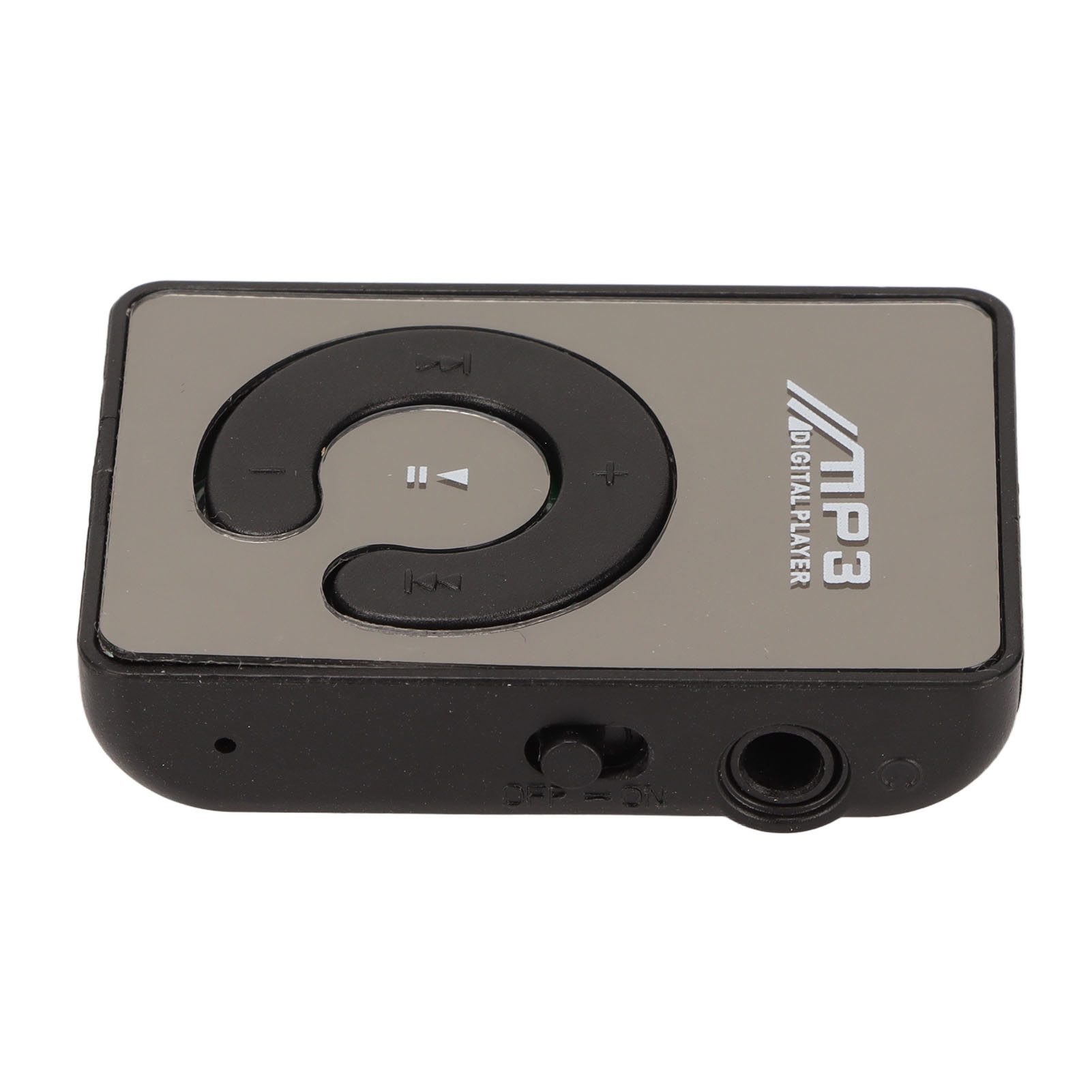 Grauer MP3-Player mit schwarzen Bedienelementen, der sein kompaktes Design und seine Anschlussmöglichkeiten auf weißem Hintergrund zeigt.