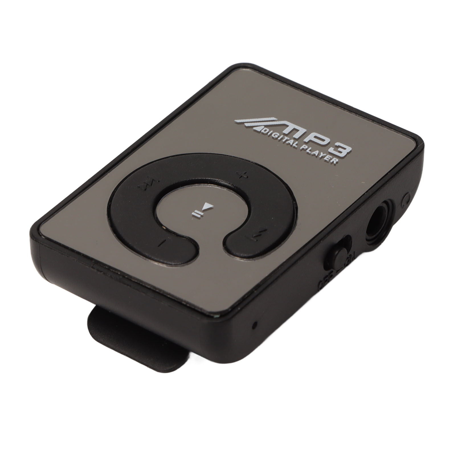 Grauer MP3-Player mit schwarzen Bedienelementen und Clip, der seine Funktionen auf weißem Hintergrund zeigt.