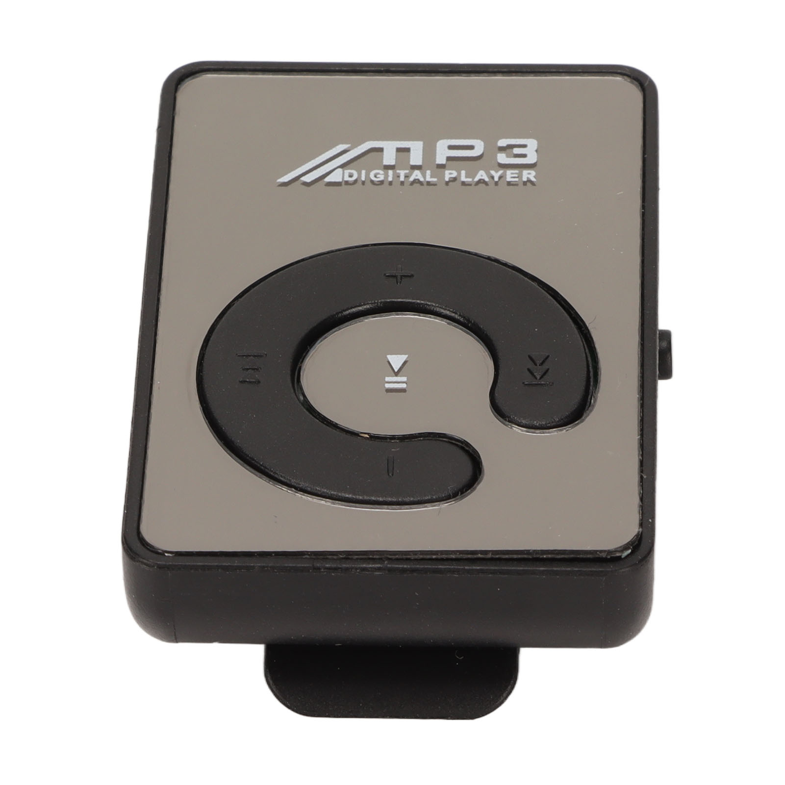 Grauer MP3-Player mit schwarzen Bedienelementen und Clip, Ansicht von oben auf weißem Hintergrund, der sein Design zeigt.