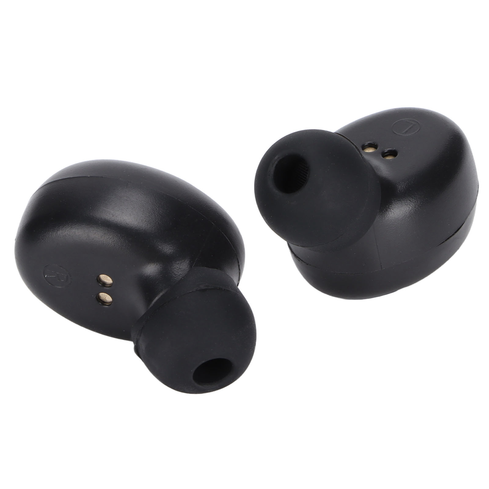 Nahaufnahme von zwei schwarzen kabellosen Ohrhörern mit Silikonaufsätzen, die ihr ergonomisches Design zeigen.