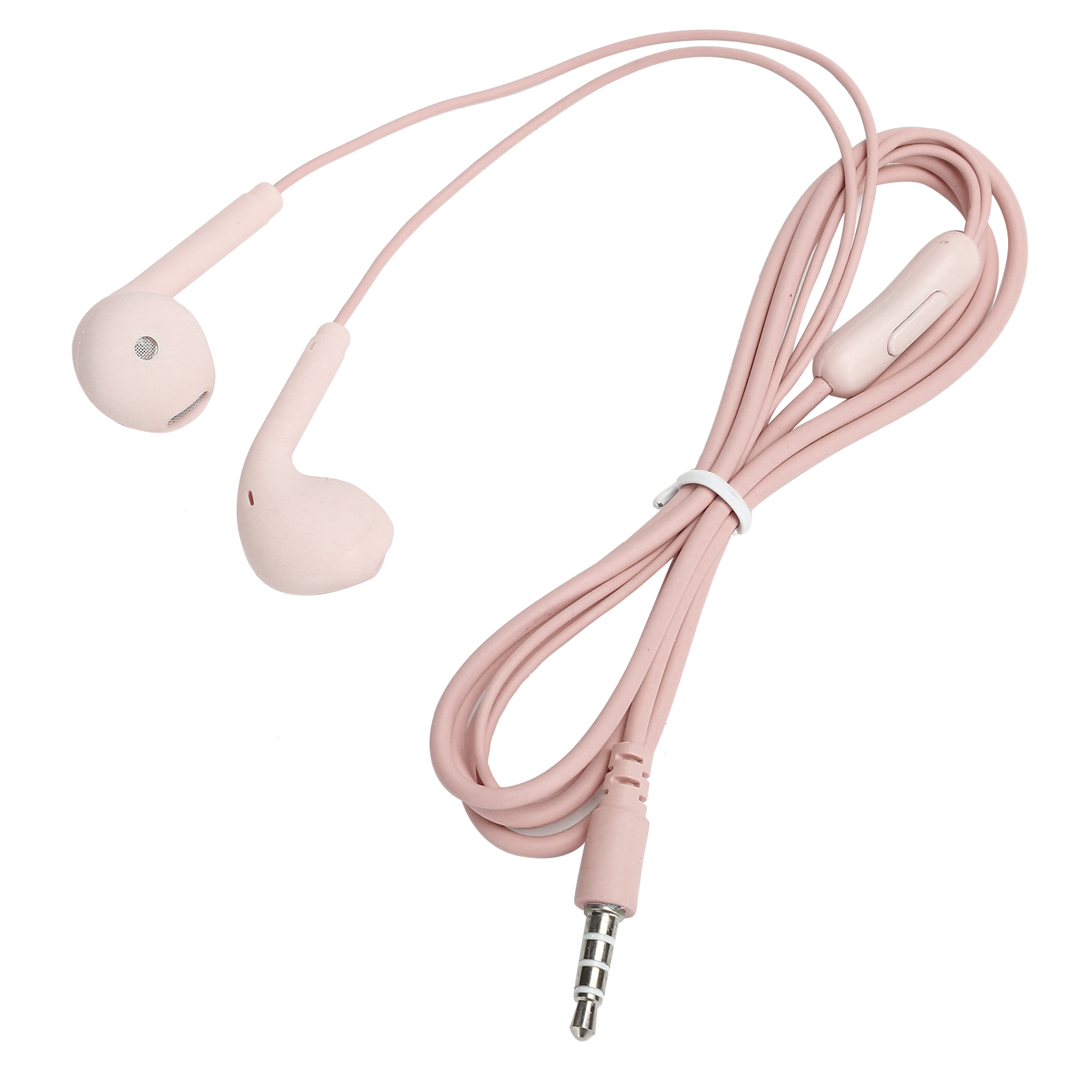 Hellrosa Ohrhörer mit Kabel, Lautstärkeregler und Audiobuchse auf weißem Hintergrund.