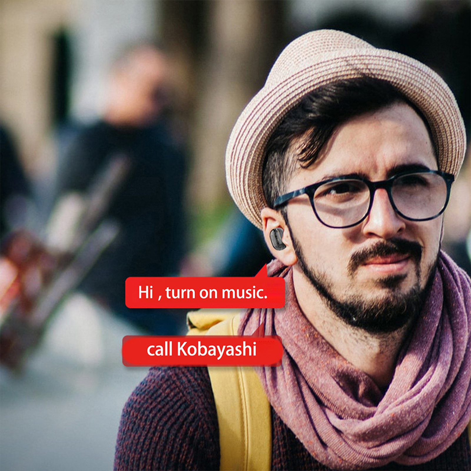 Ein Mann mit Brille und Hut benutzt Ohrhörer. Textblasen sagen 'Hi, turn on music' und 'call Kobayashi'.
