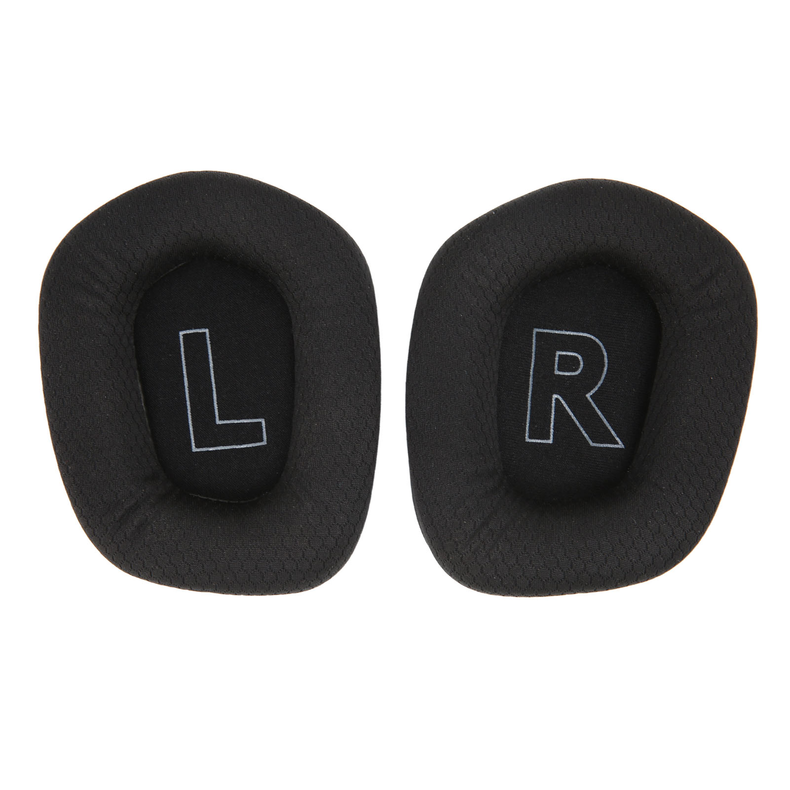 Zwei schwarze Ohrpolster mit "L" und "R" darauf, isoliert vor einem weißen Hintergrund.