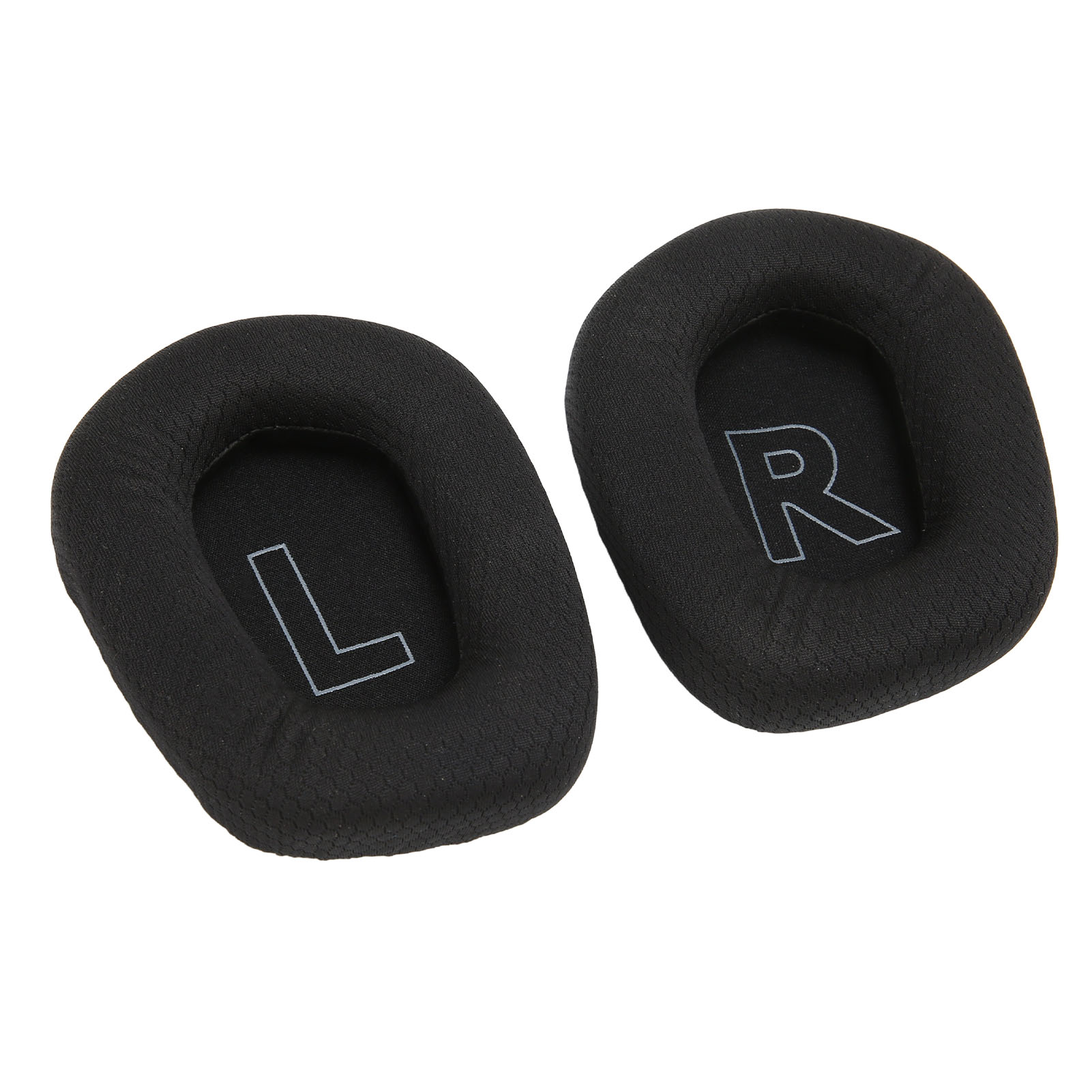 Zwei schwarze Ohrpolster mit "L" und "R" darauf, isoliert vor einem weißen Hintergrund.