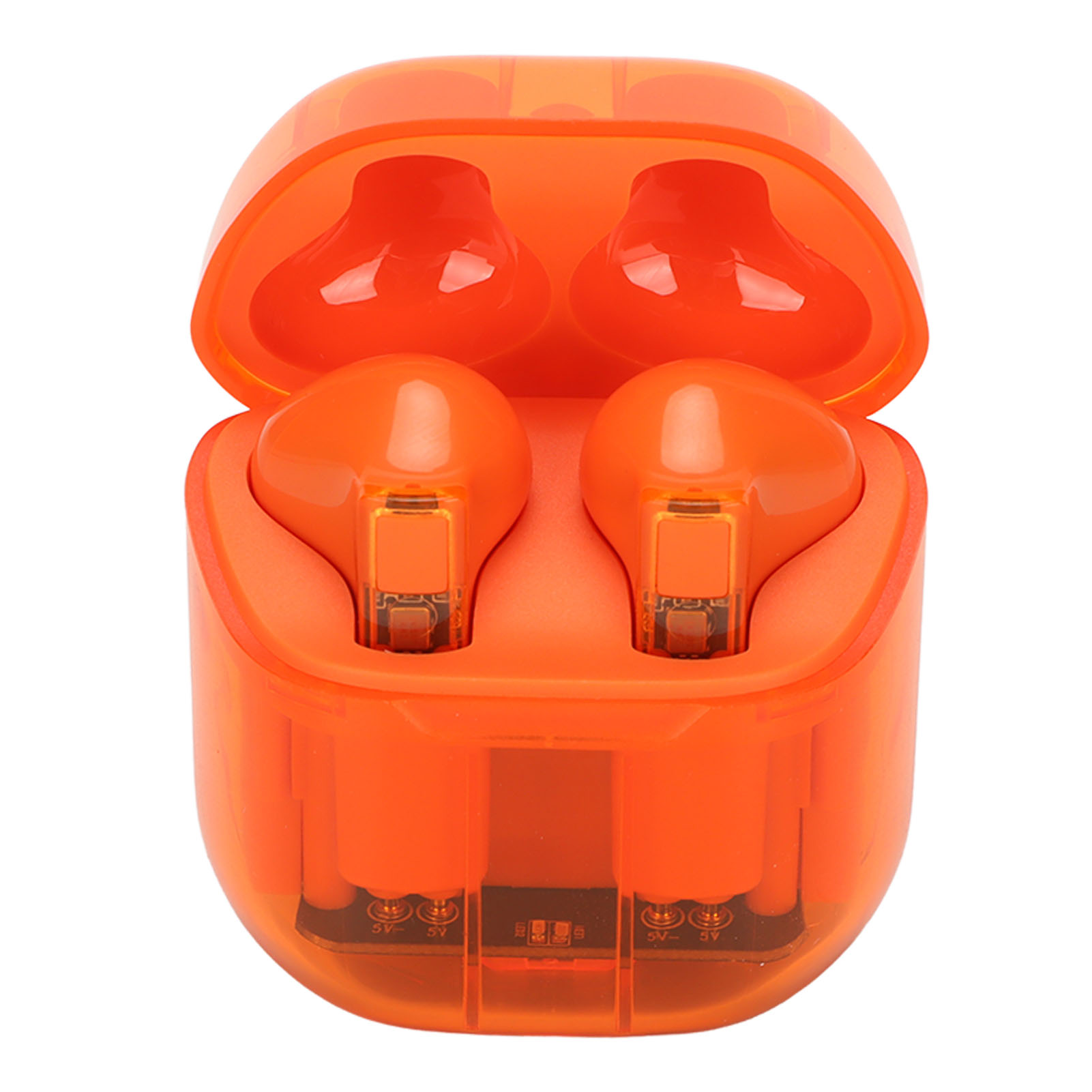 Orangefarbene Ohrhörer in einem teilweise geöffneten transparenten Gehäuse, isoliert vor einem weißen Hintergrund.