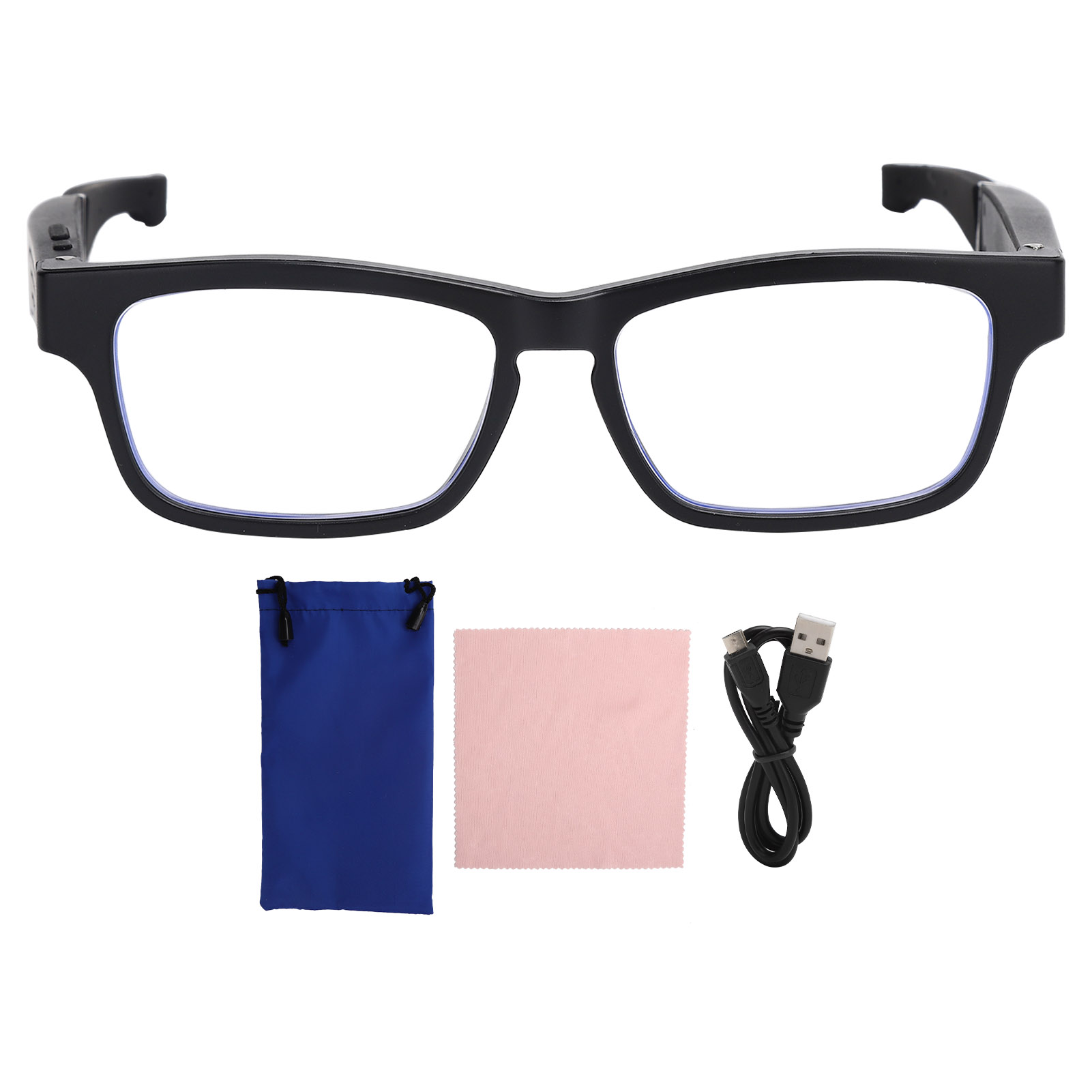 Schwarze Smart Glasses, Etui, Reinigungstuch und USB-Kabel auf weißem Hintergrund.